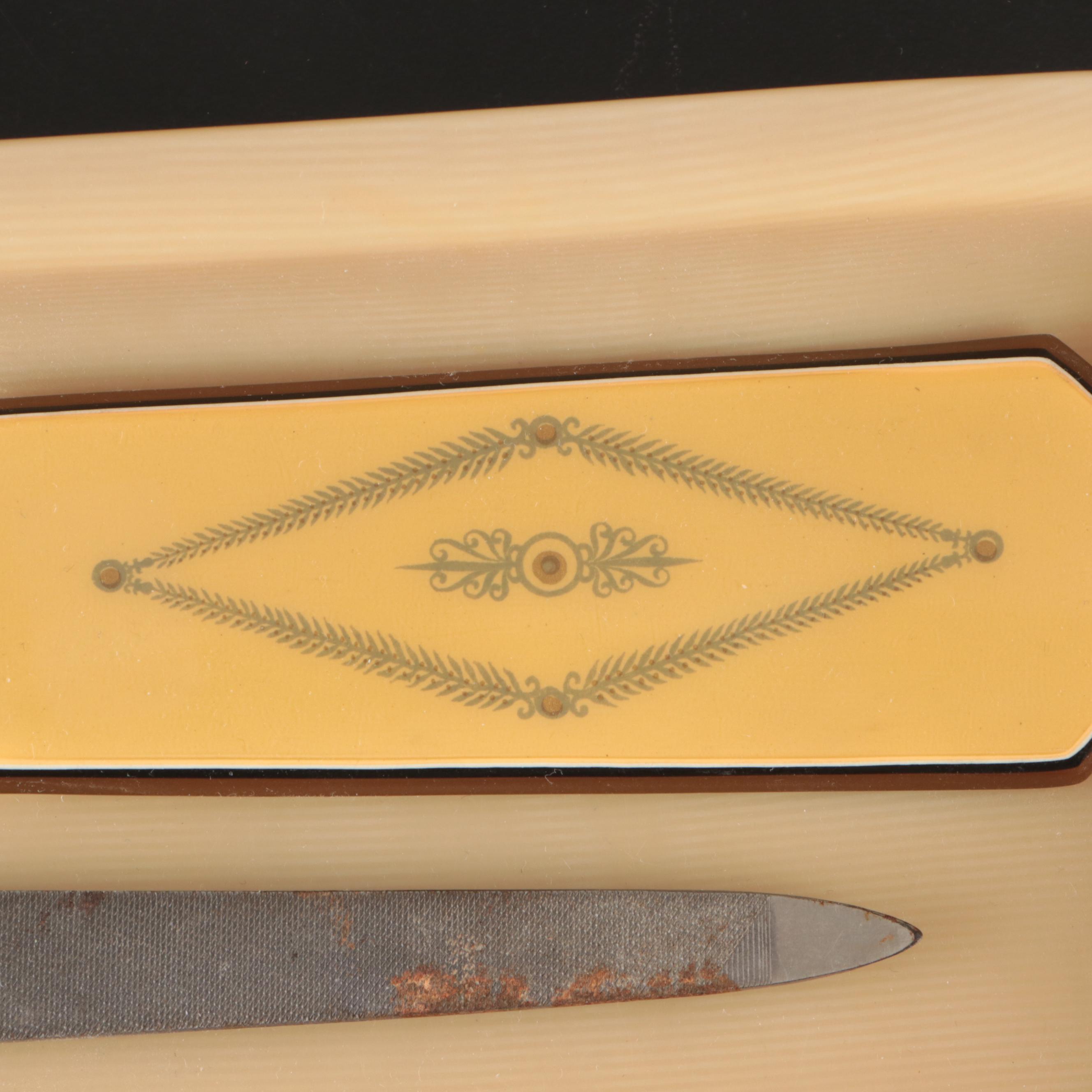 Art Deco French Ivory Candlesticks with Other Vanity Accessories