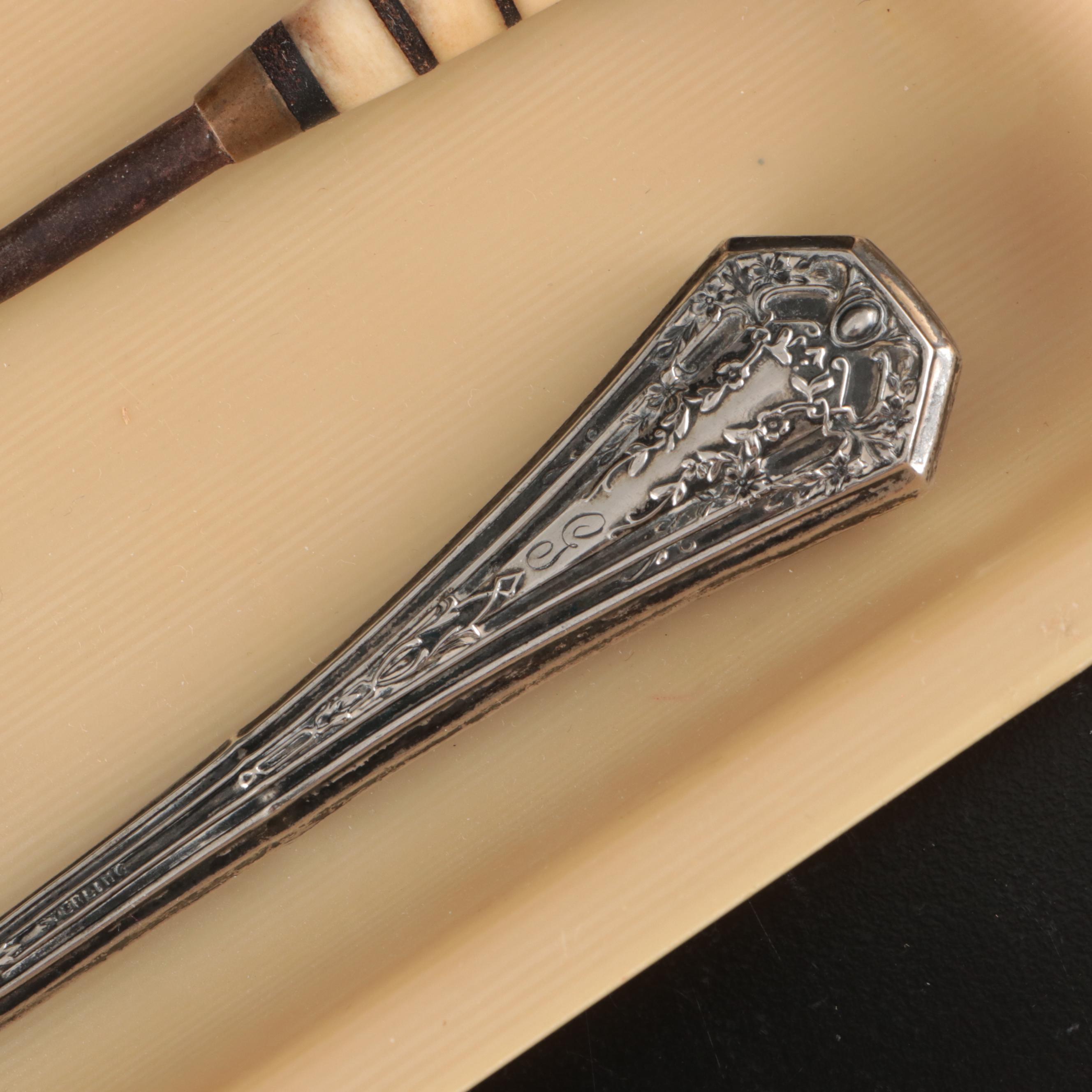 Art Deco French Ivory Candlesticks with Other Vanity Accessories