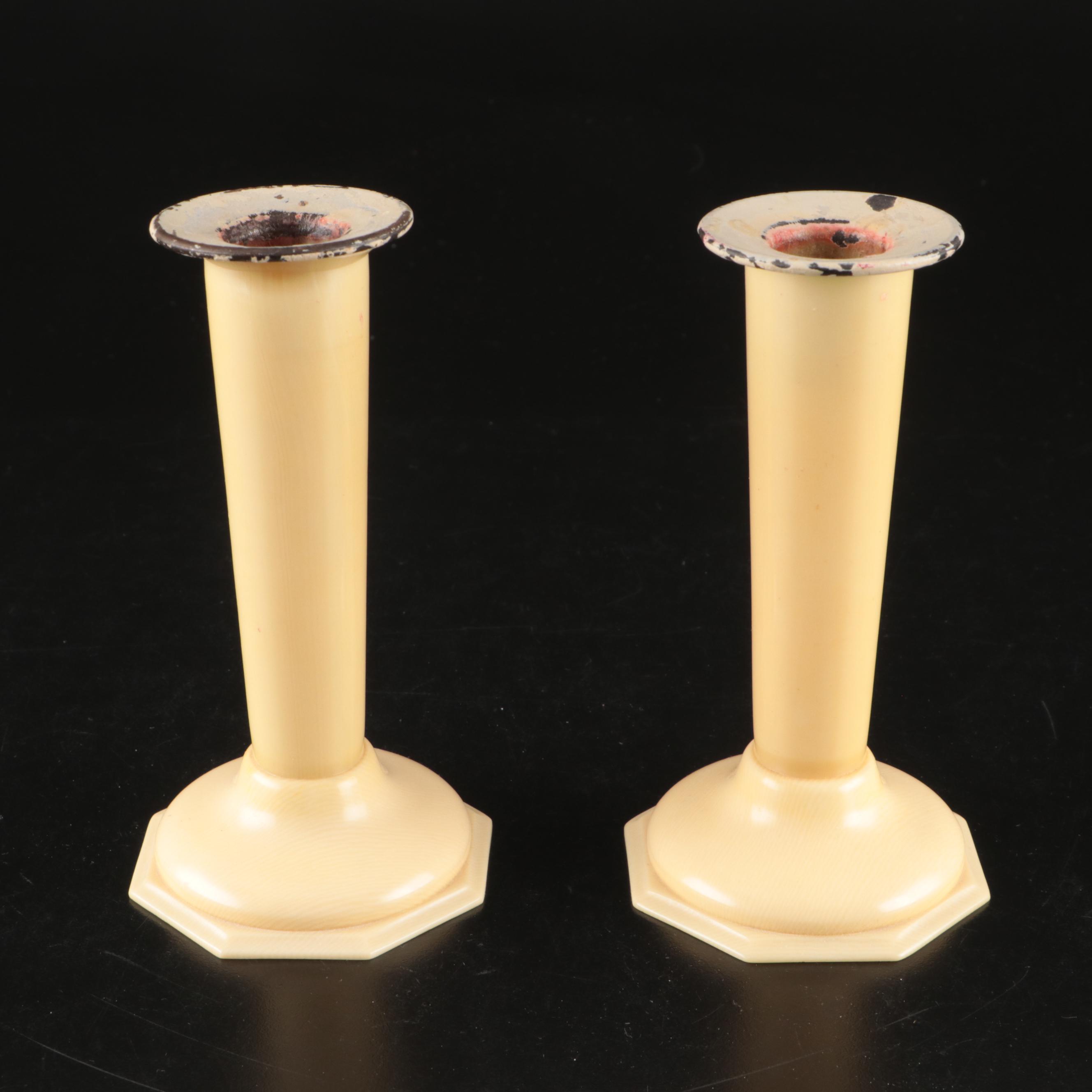 Art Deco French Ivory Candlesticks with Other Vanity Accessories