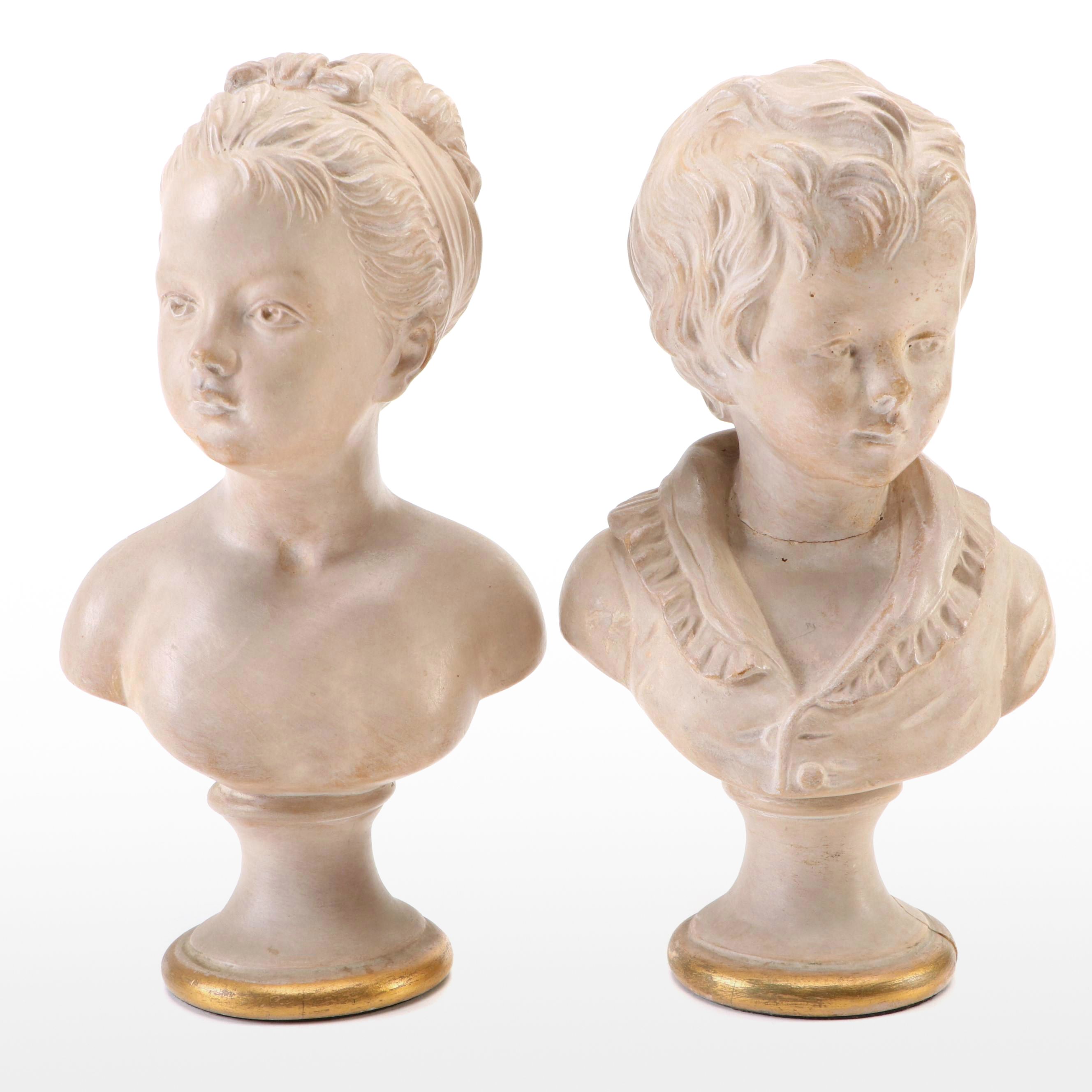 Boy and Girl Borghese Chalkware Busts After Jean-Antoine Houdon