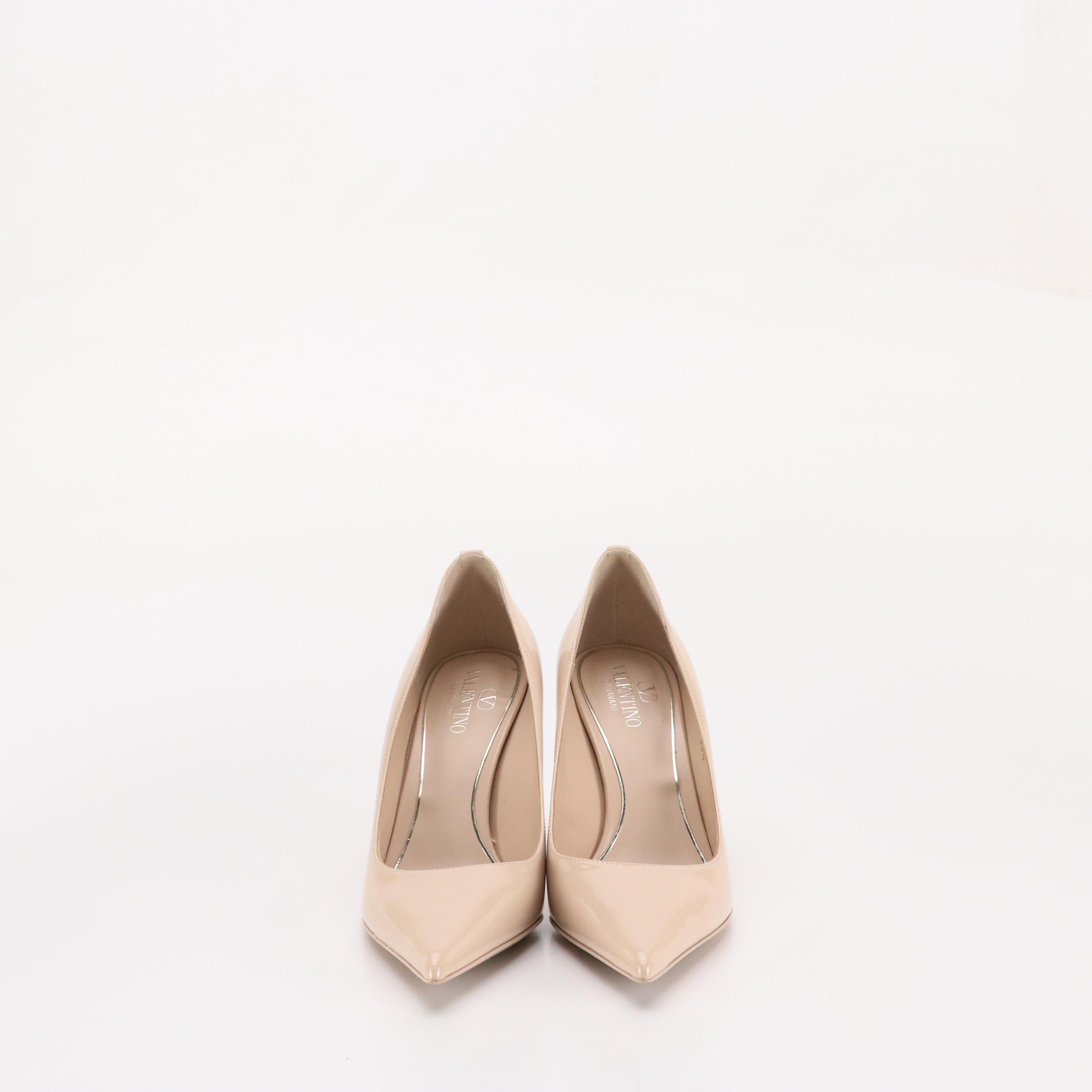 Valentino Garavani Pointed-Toe Pumps in Sand Patent Leather and Rockstud Accents