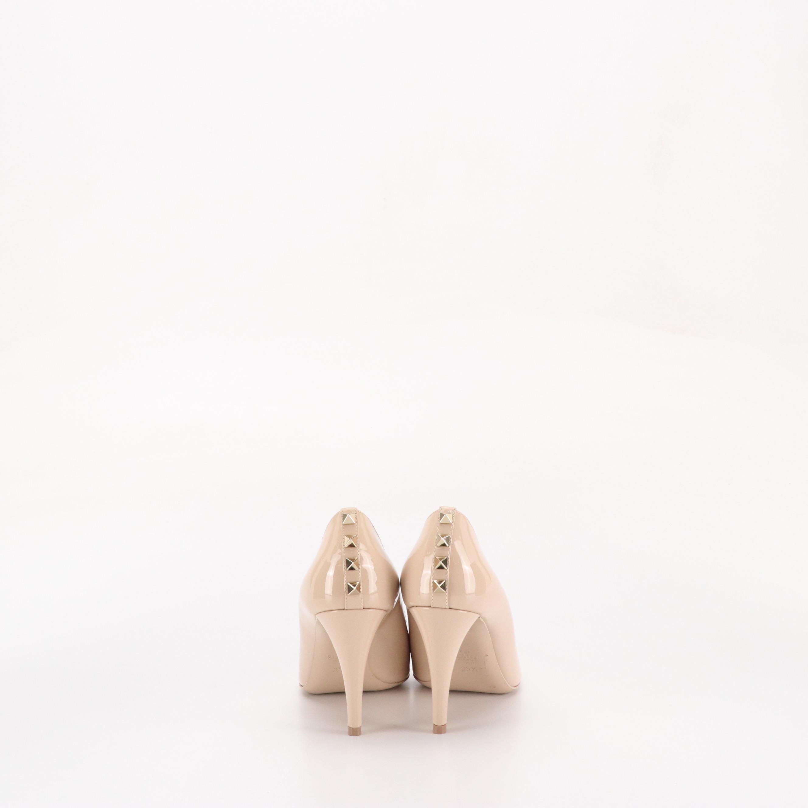Valentino Garavani Pointed-Toe Pumps in Sand Patent Leather and Rockstud Accents