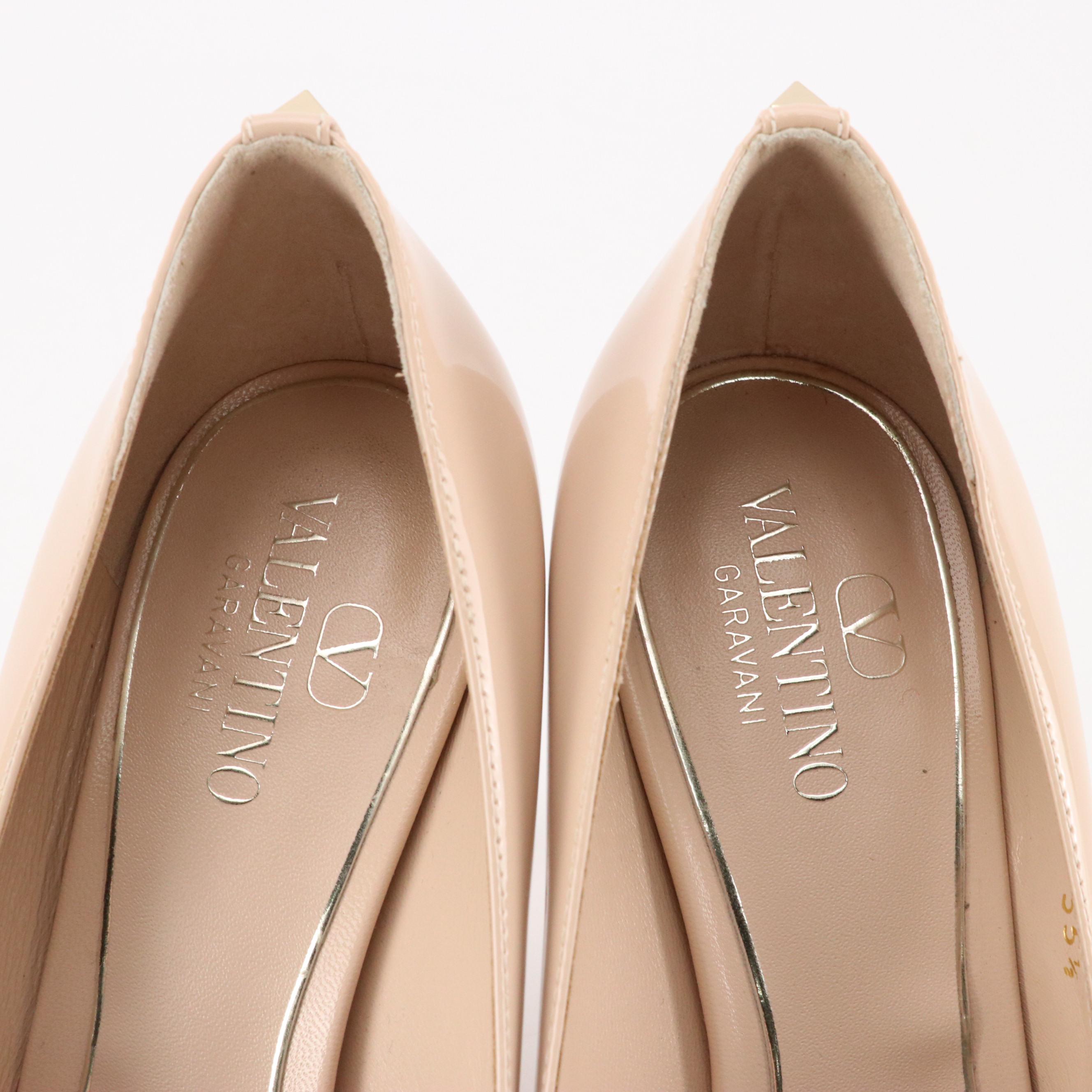 Valentino Garavani Pointed-Toe Pumps in Sand Patent Leather and Rockstud Accents