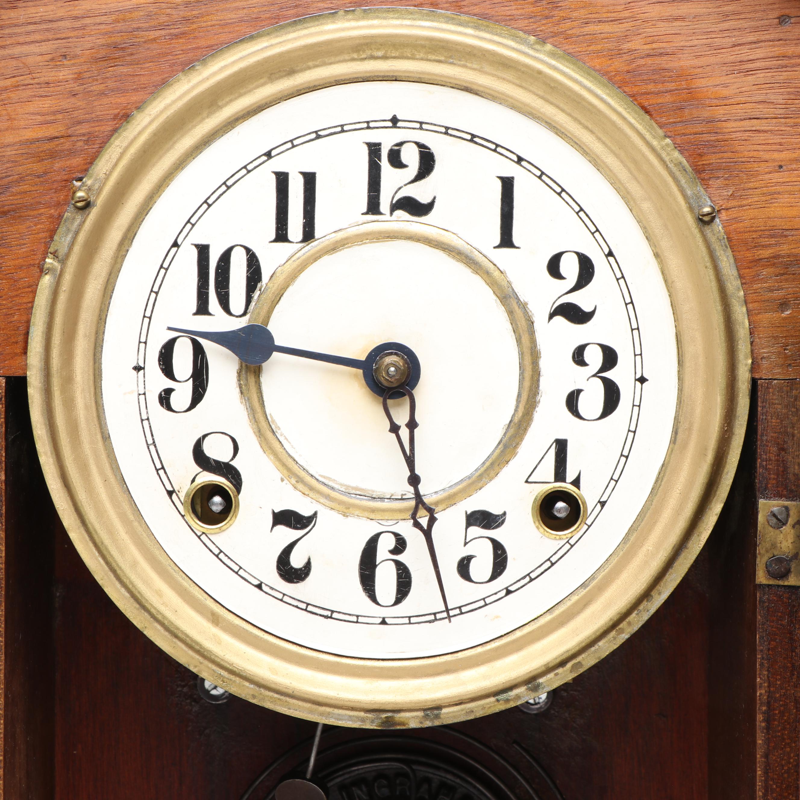 E. Ingraham Carved Walnut Kitchen Clock, Late 19th/ Early 20th Century