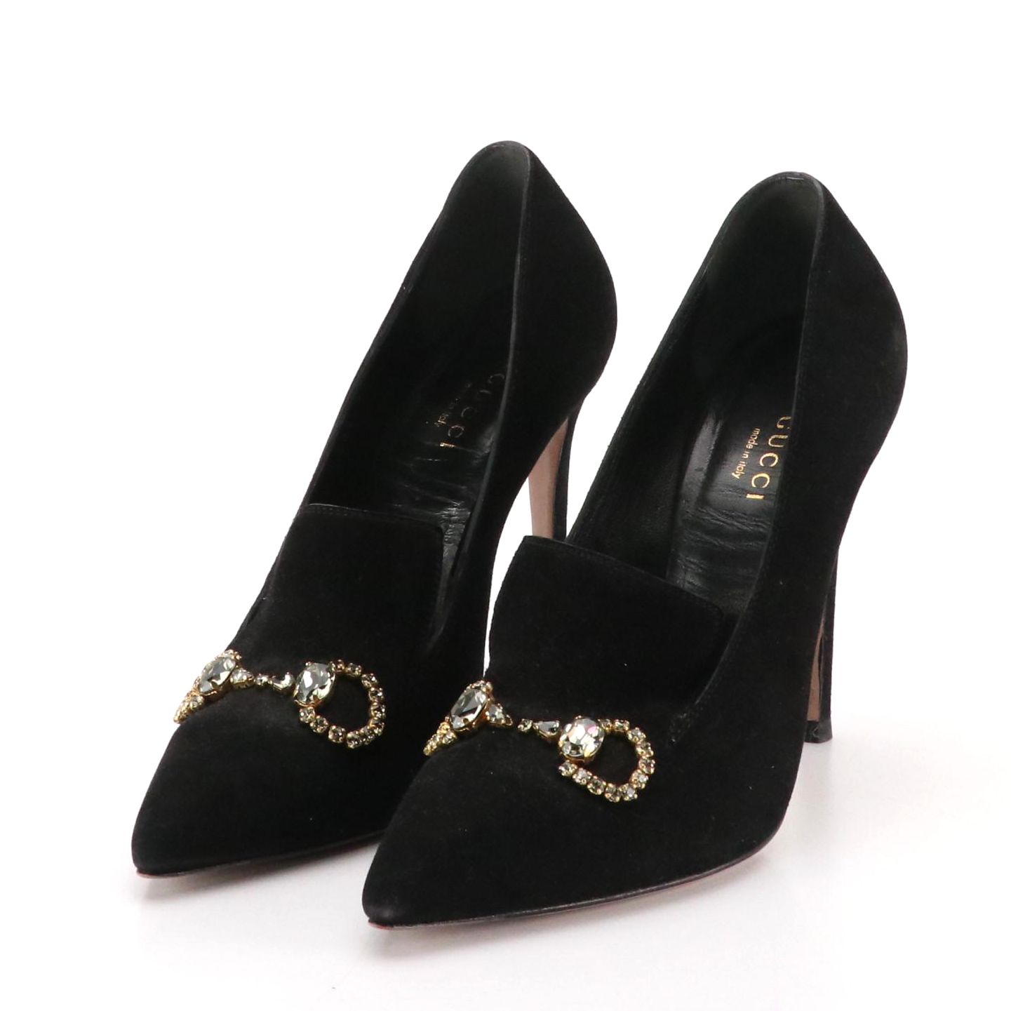 Gucci Crystal Horsebit Pointed-Toe Pumps in Black Suede