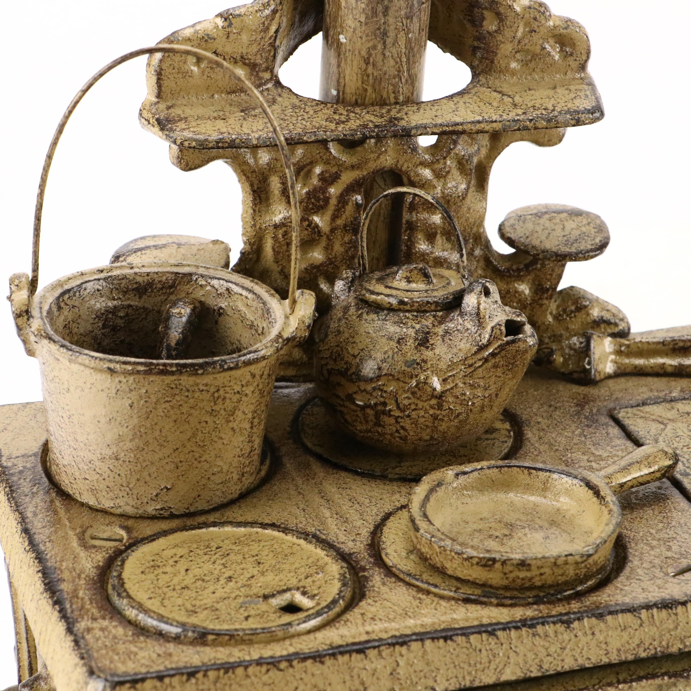 Crescent Painted Cast Iron Toy Stove with Skillet, Cauldron, Popover Pan, More