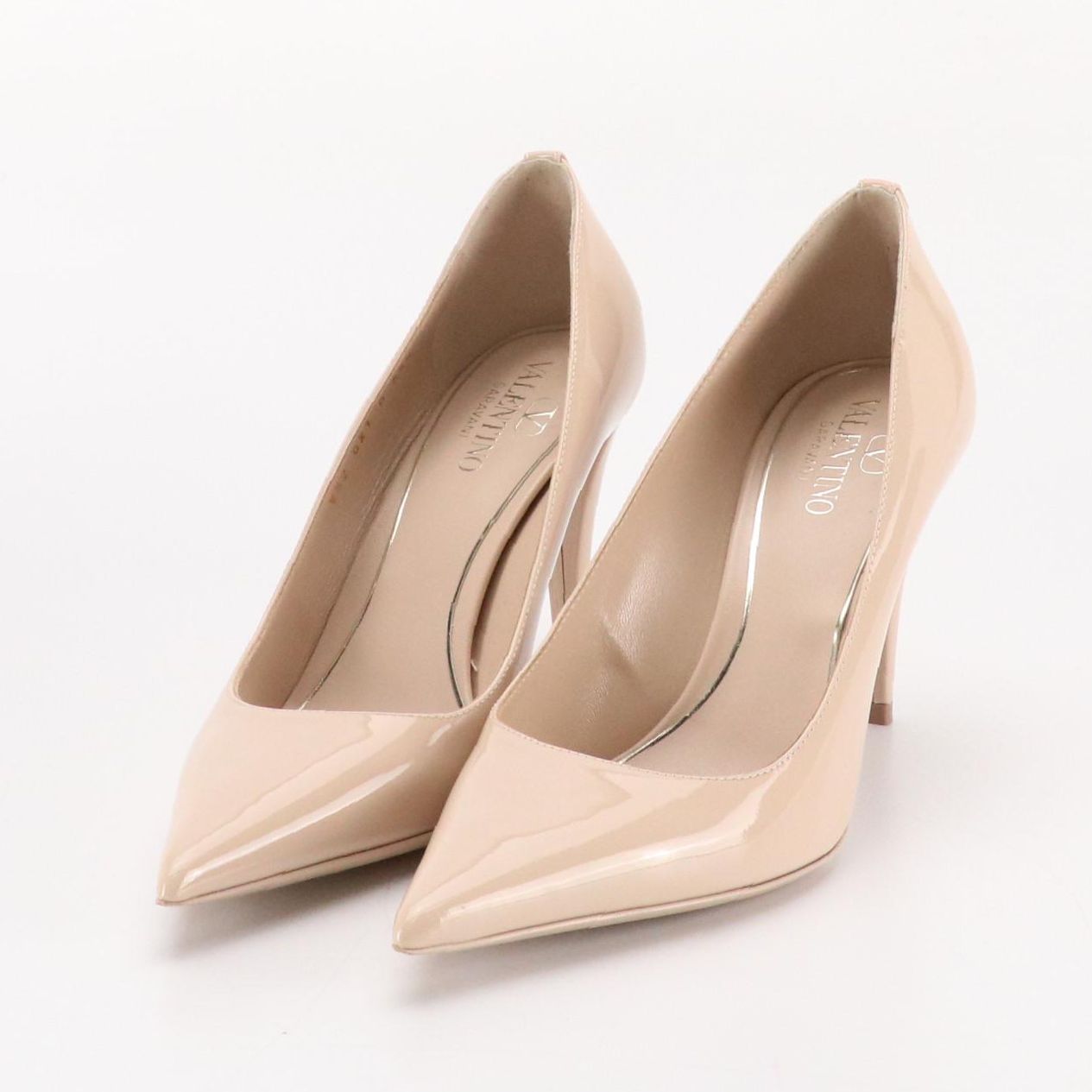 Valentino Garavani Pointed-Toe Pumps in Sand Patent Leather and Rockstud Accents