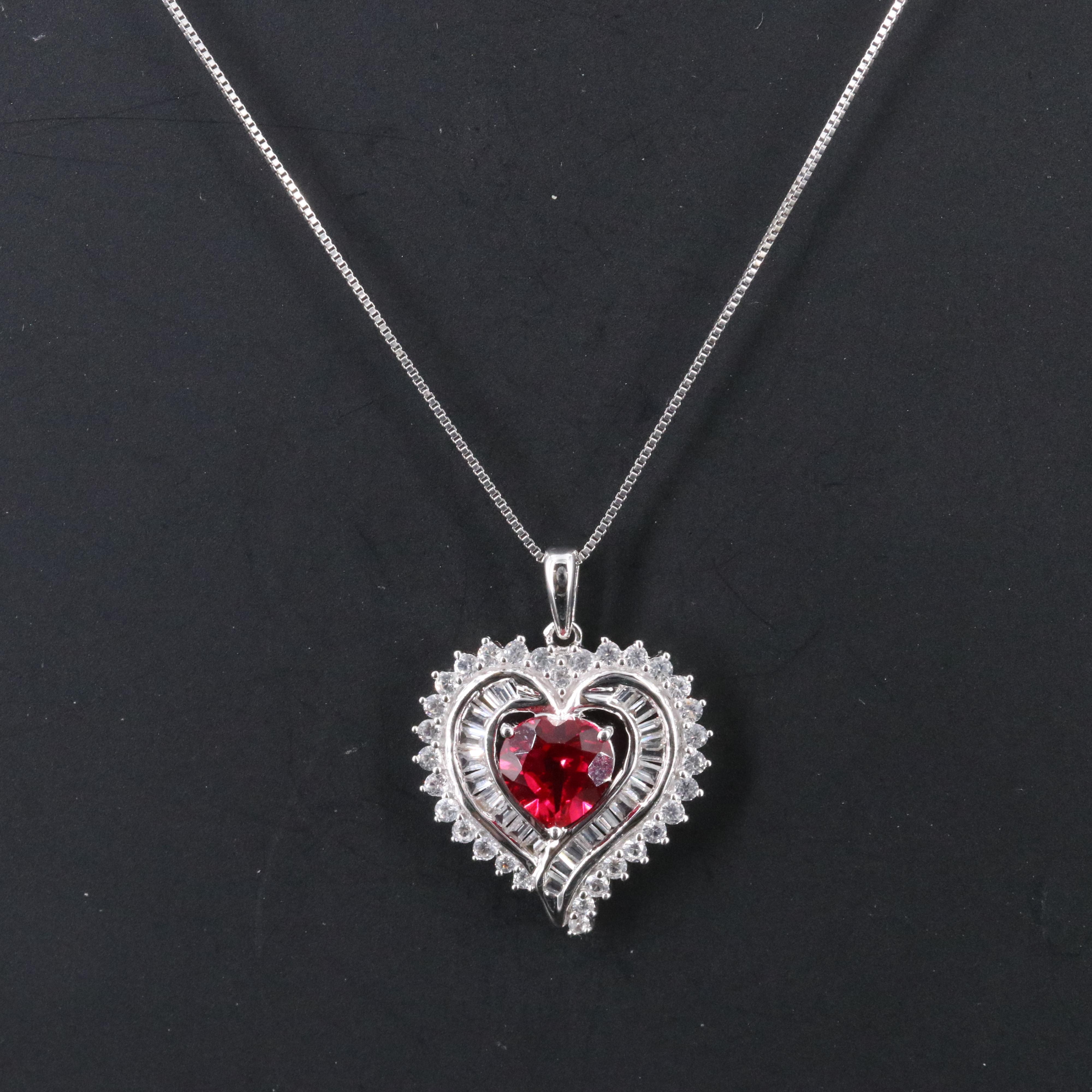 Sterling Ruby and White Sapphire Heart Pendant Necklace
