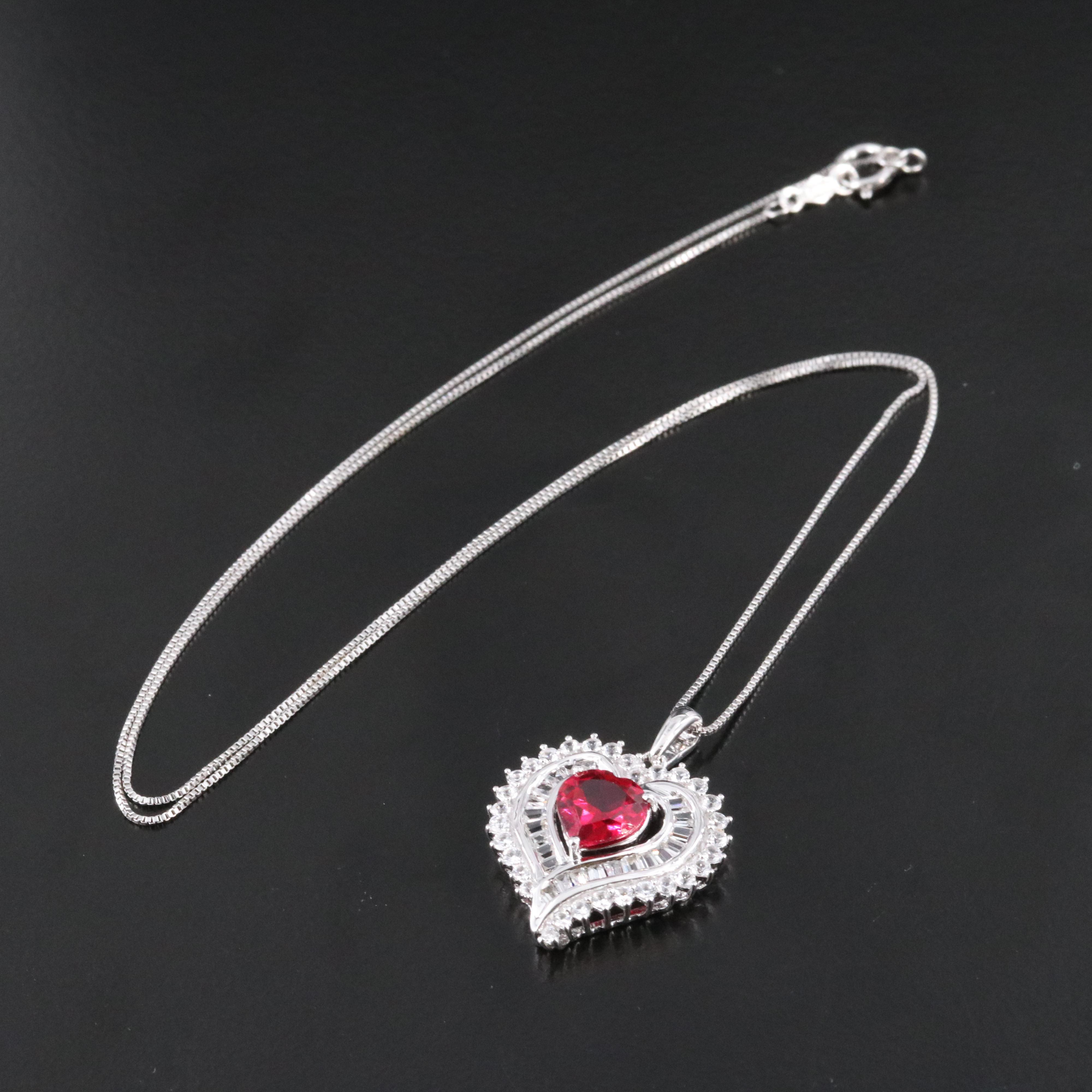 Sterling Ruby and White Sapphire Heart Pendant Necklace