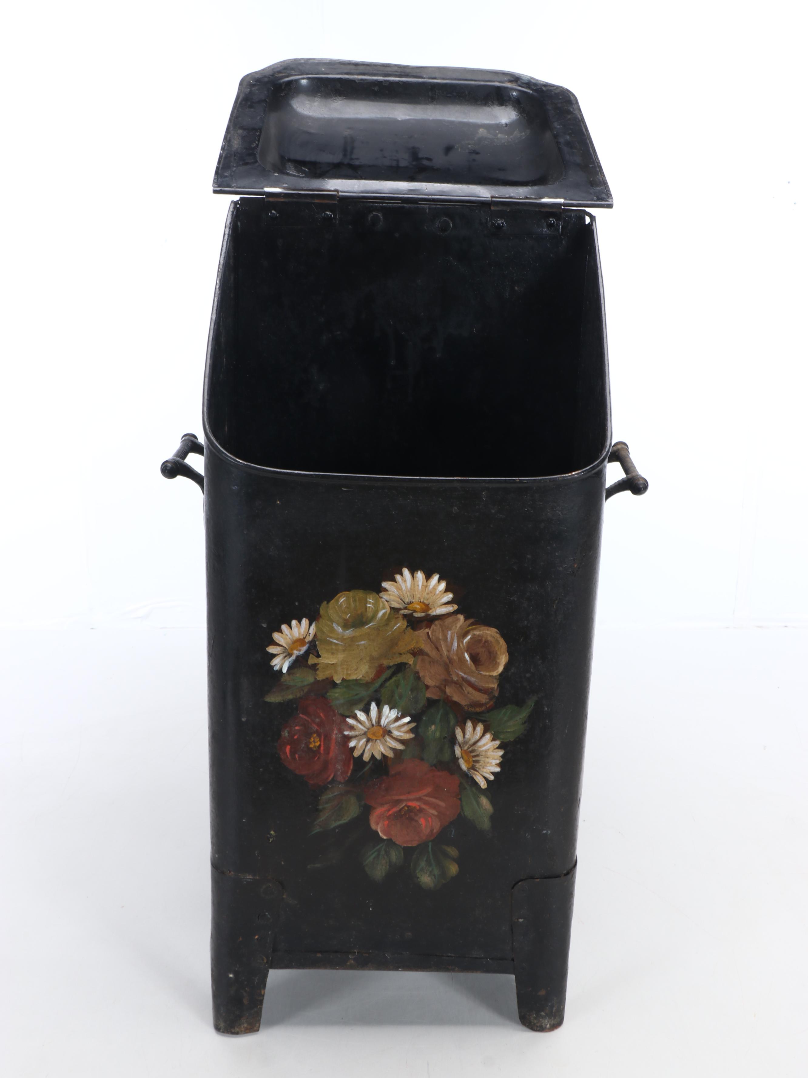 Victorian Hand-Painted Tole Metal Coal Scuttle, Late 19th Century