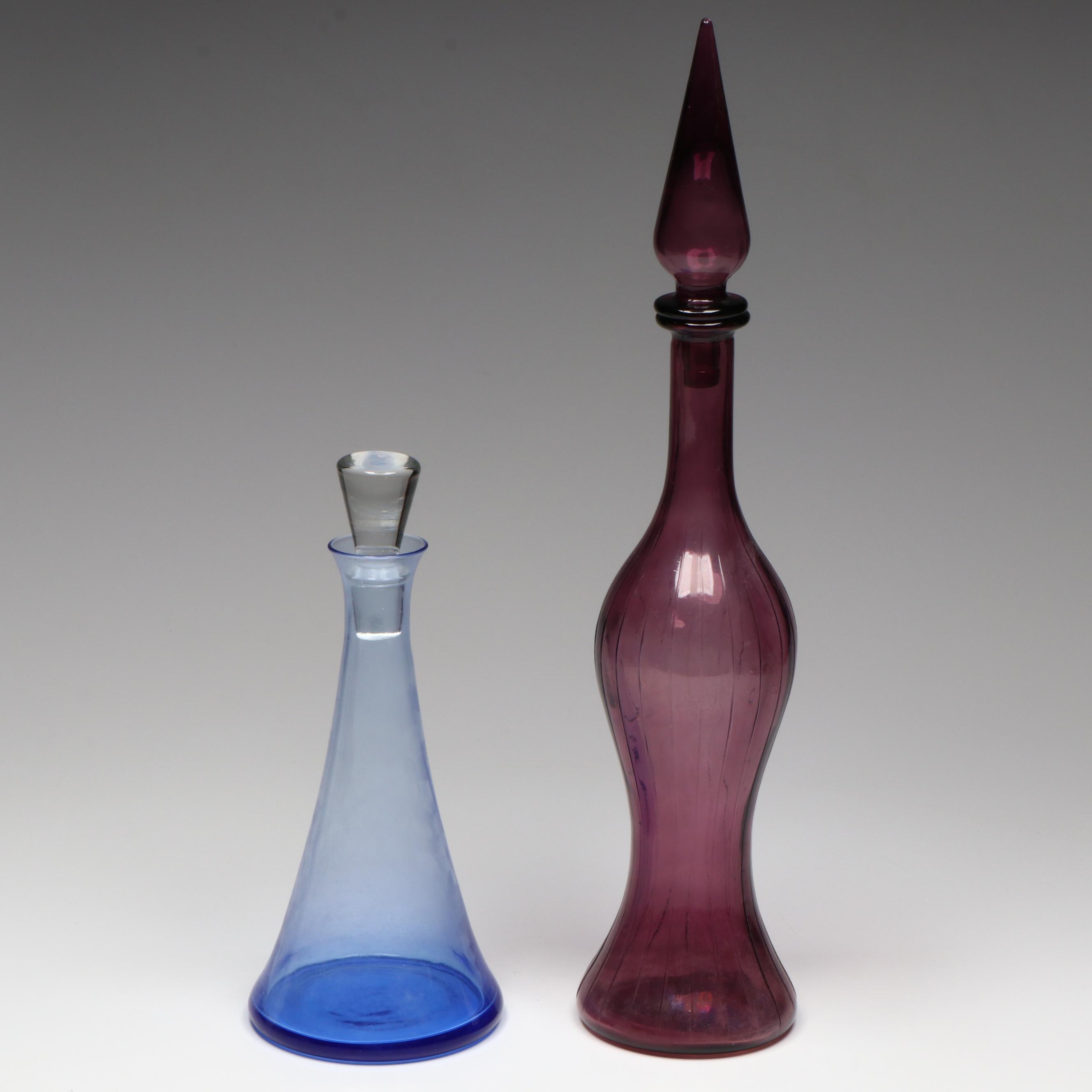Mid Century Modern Style Amethyst Glass and Other Blue Glass Decanters