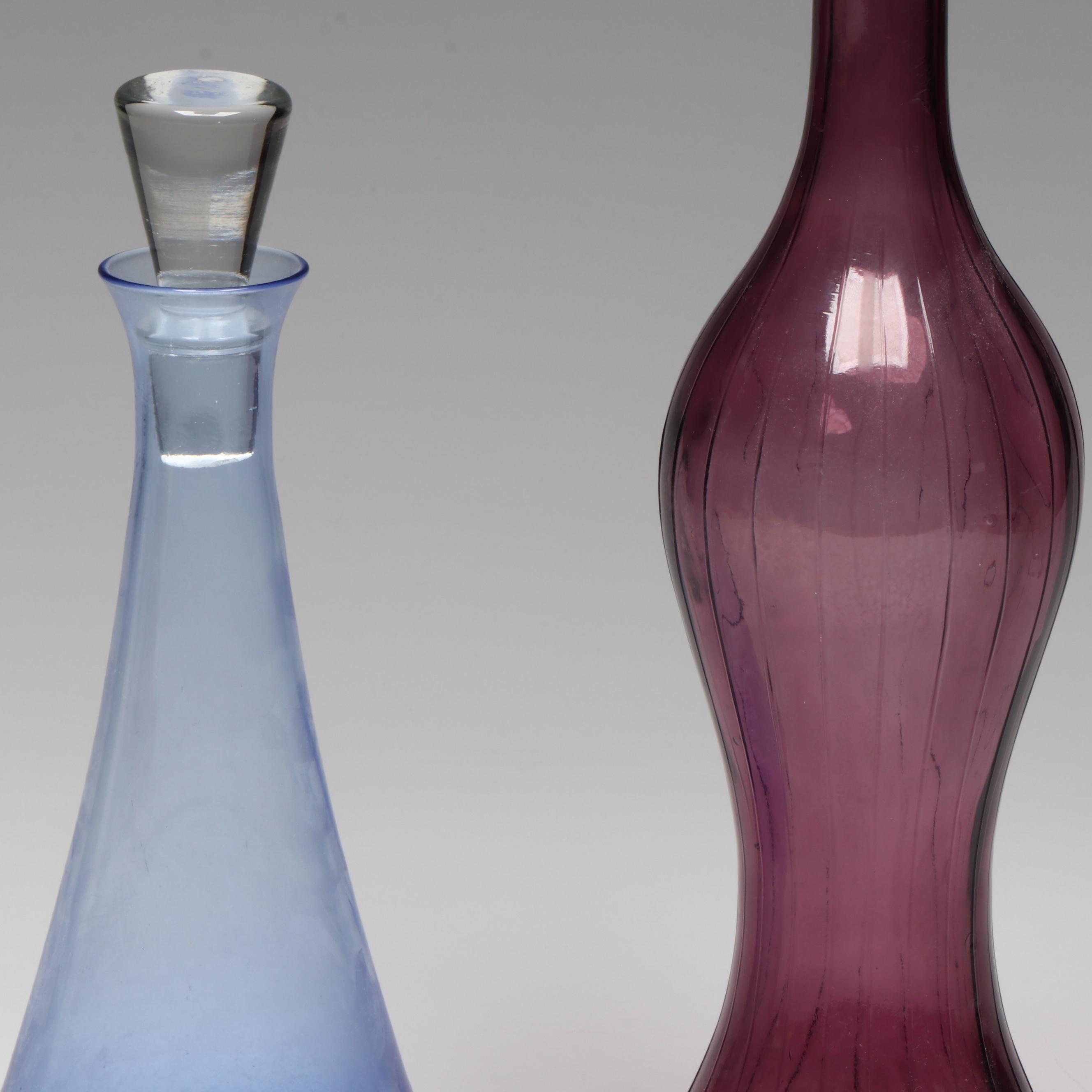 Mid Century Modern Style Amethyst Glass and Other Blue Glass Decanters