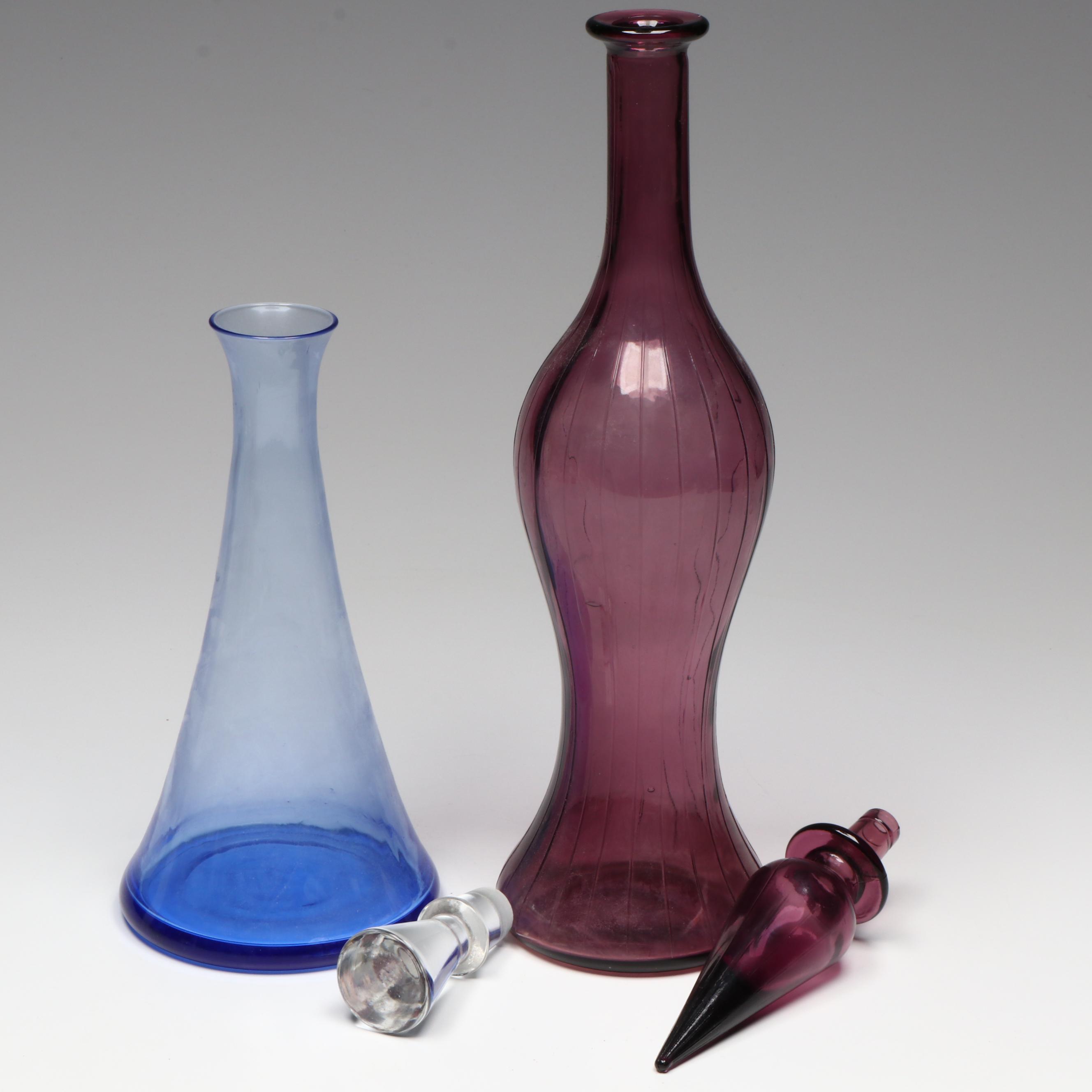Mid Century Modern Style Amethyst Glass and Other Blue Glass Decanters