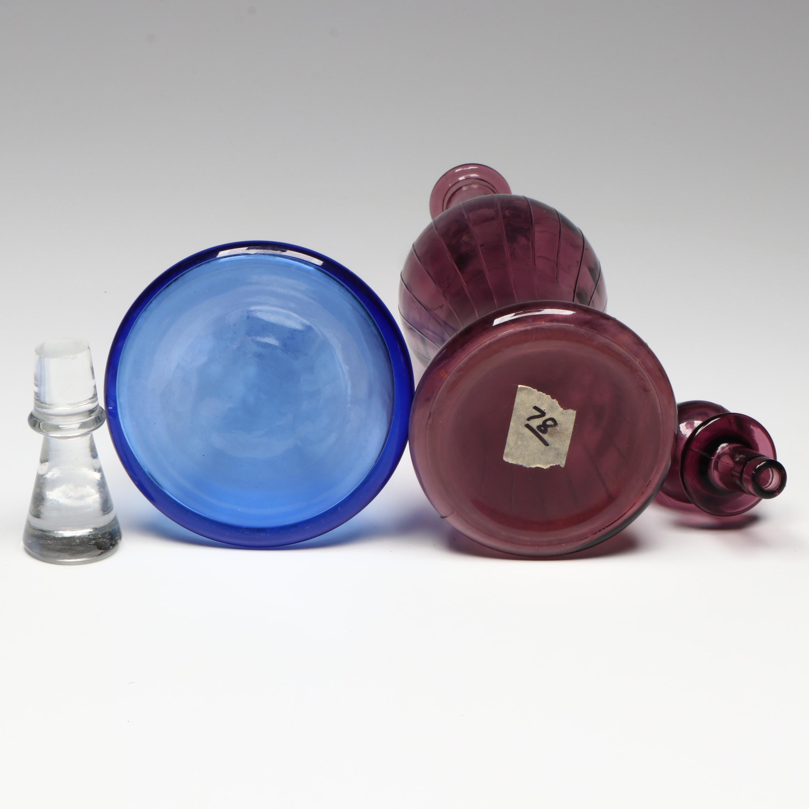 Mid Century Modern Style Amethyst Glass and Other Blue Glass Decanters