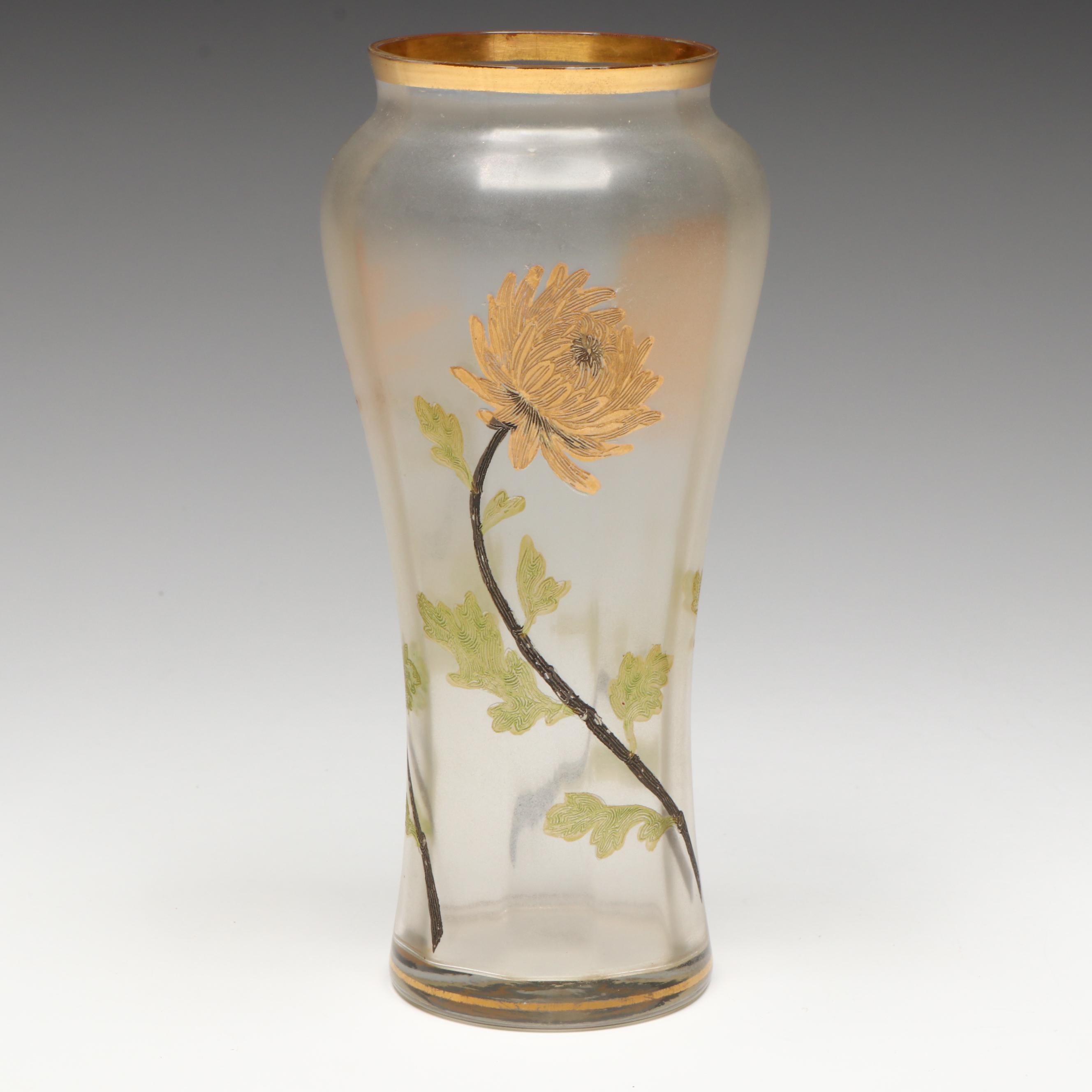 Art Nouveau Hand-Painted Gilt Rim and Chrysanthemums Glass Vase