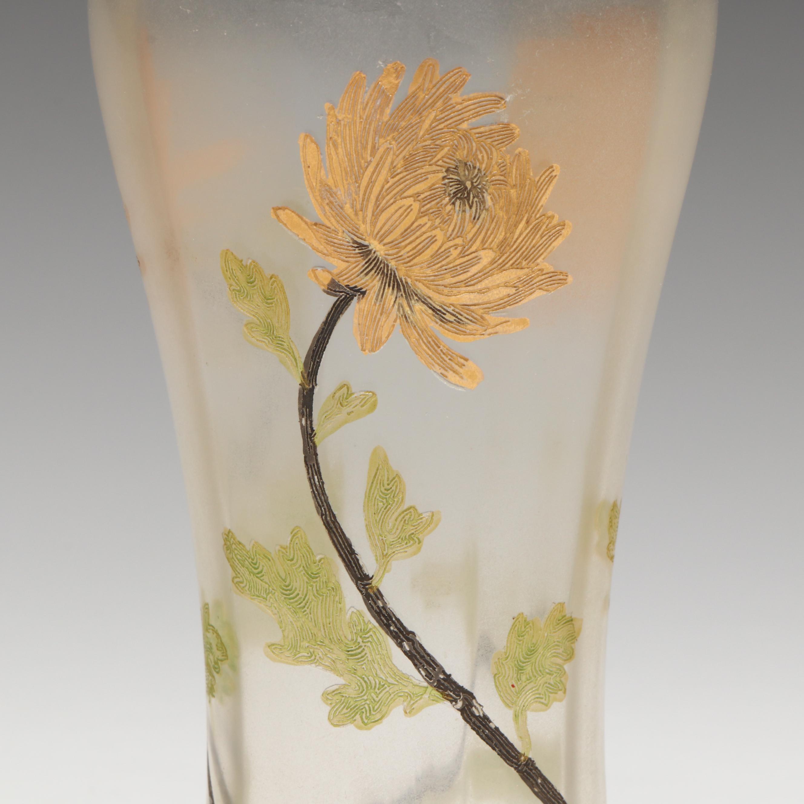 Art Nouveau Hand-Painted Gilt Rim and Chrysanthemums Glass Vase