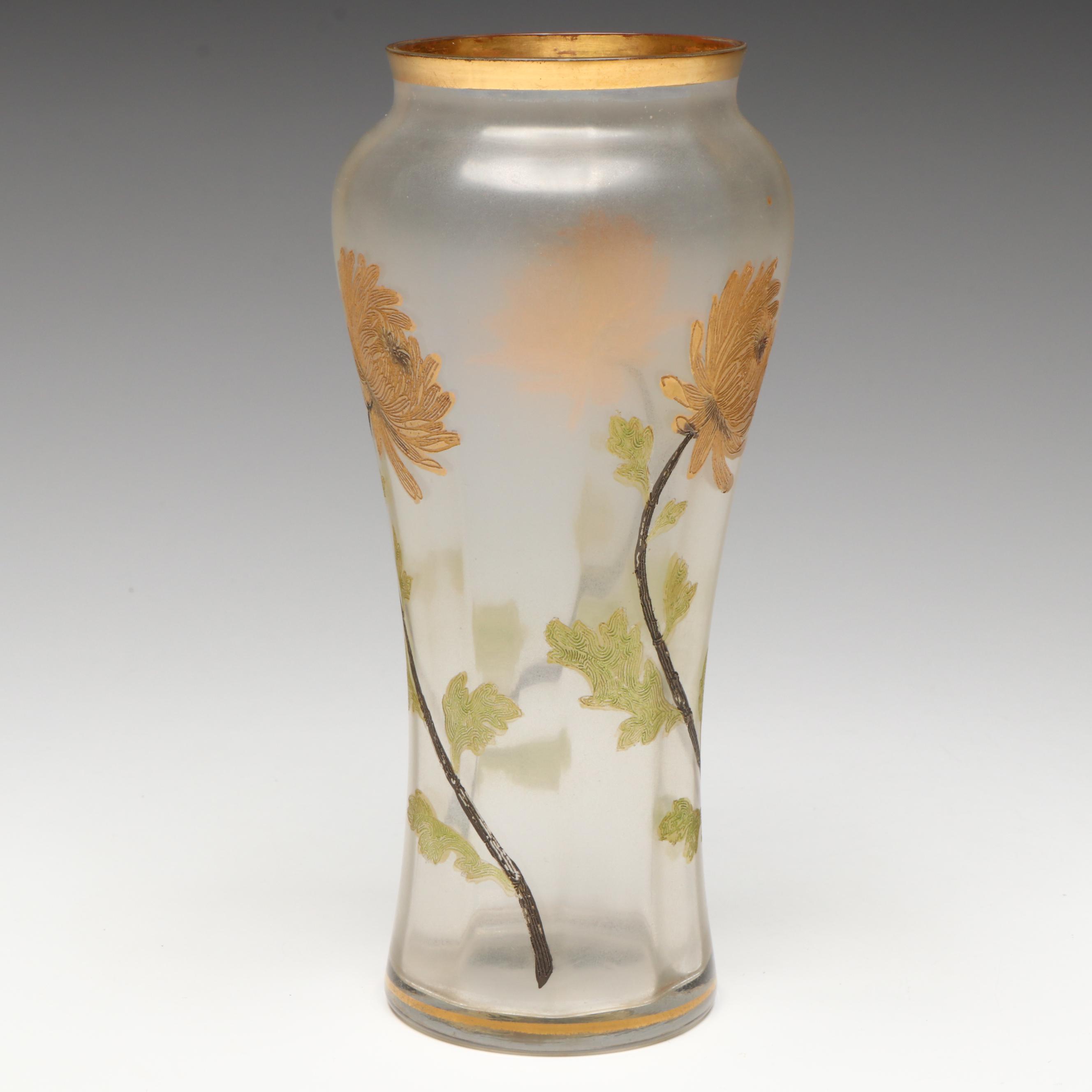 Art Nouveau Hand-Painted Gilt Rim and Chrysanthemums Glass Vase