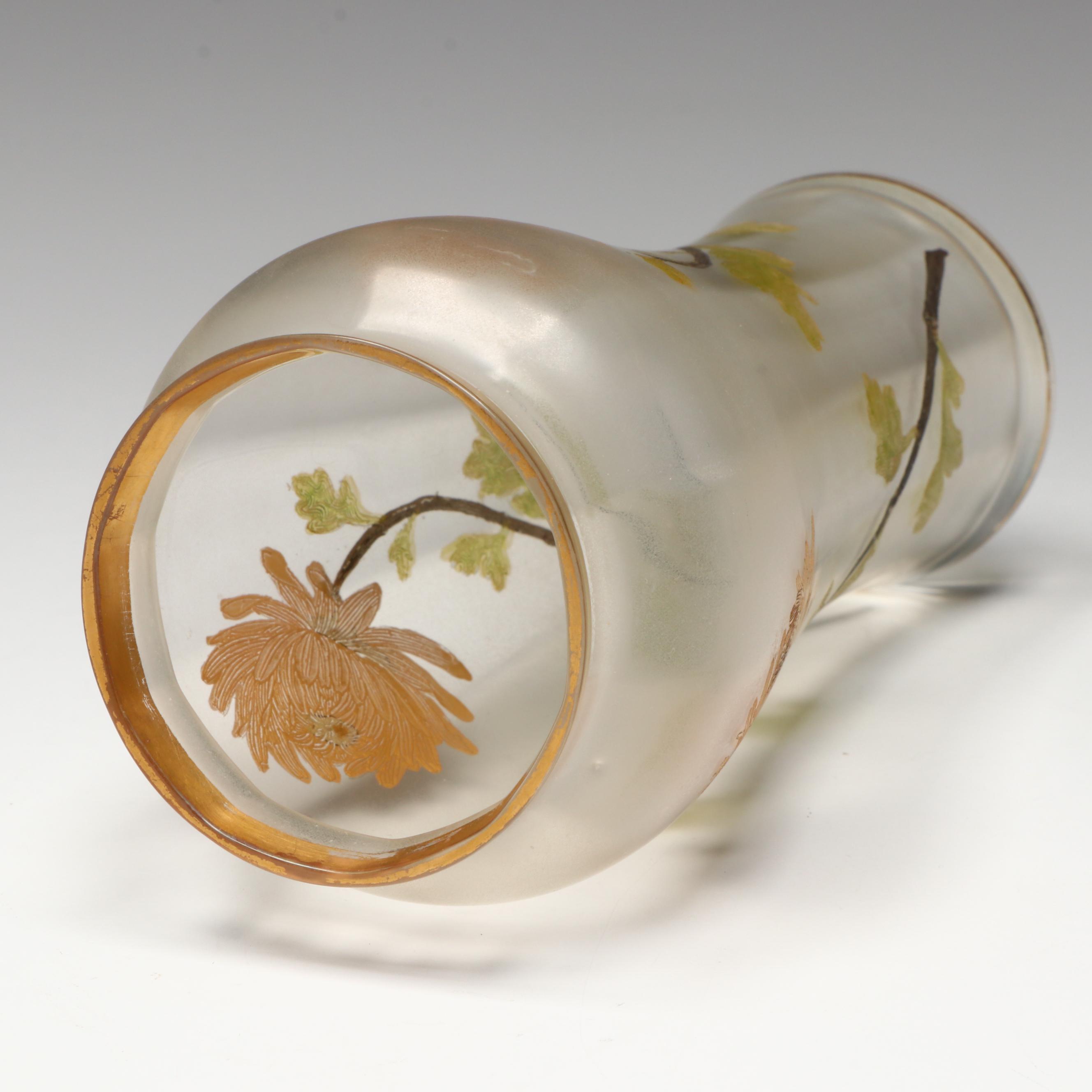 Art Nouveau Hand-Painted Gilt Rim and Chrysanthemums Glass Vase