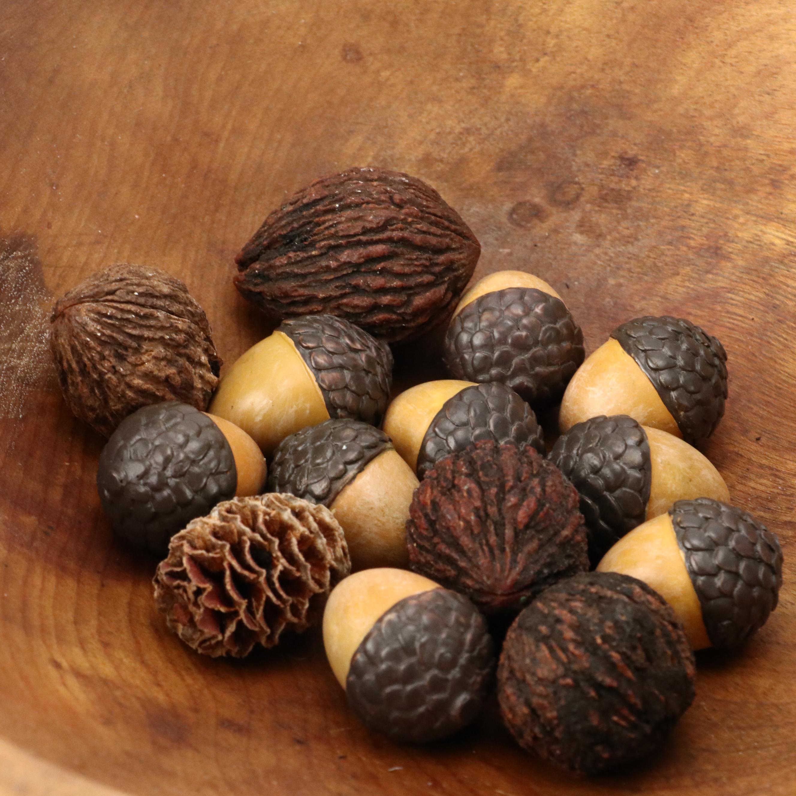 Lathe-Turned Wooden Candlesticks, Carved Wood Fruit, Faux Acorns and More