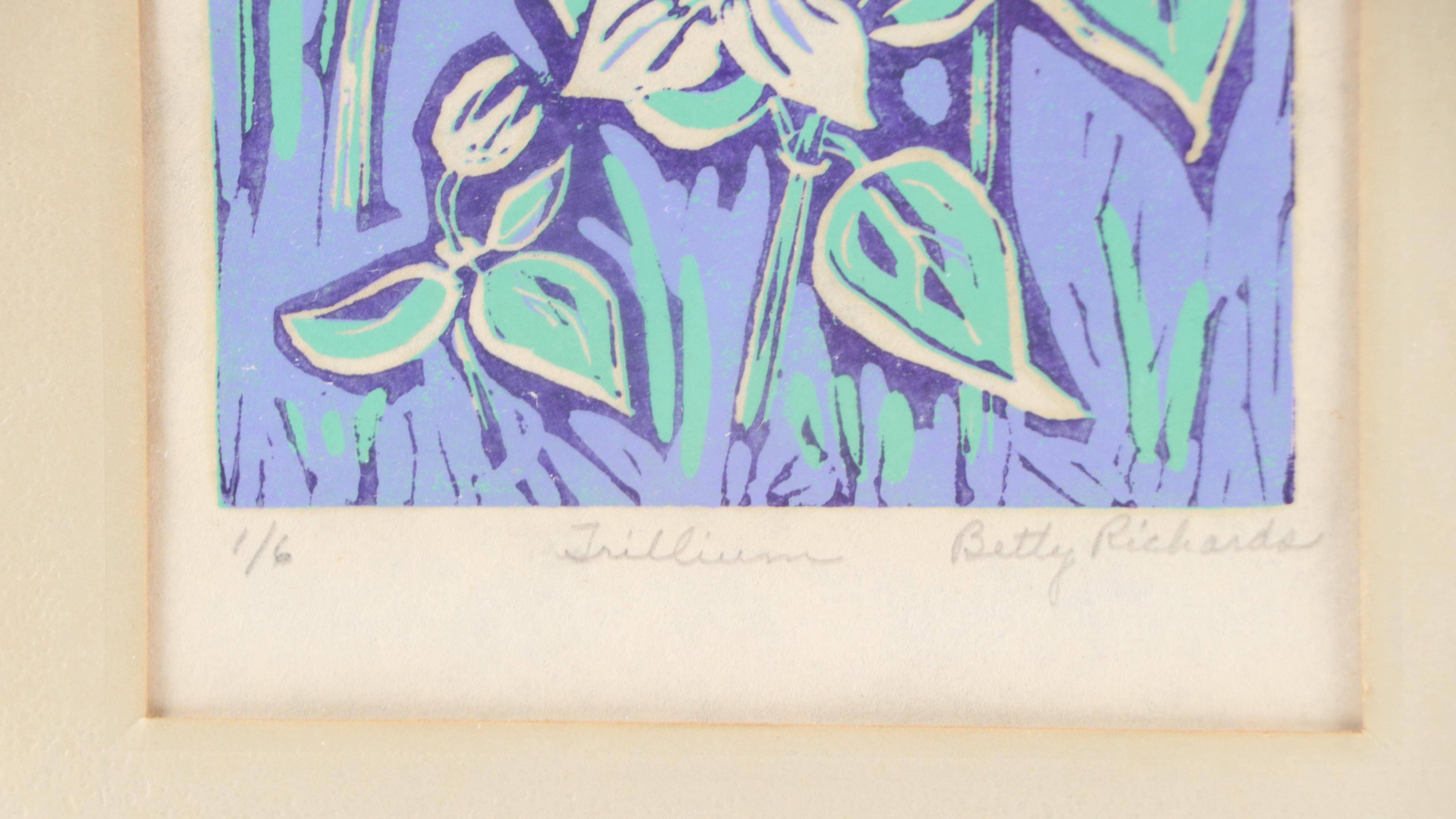 Betty Richards Linocuts "Dandelions," "Trillium," and "Mushrooms"