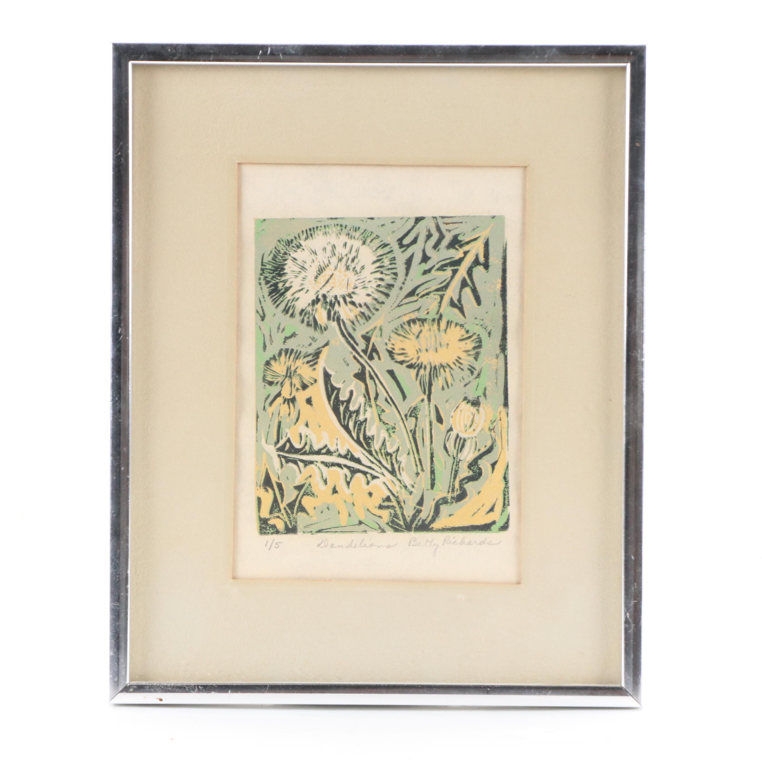 Betty Richards Linocuts "Dandelions," "Trillium," and "Mushrooms"