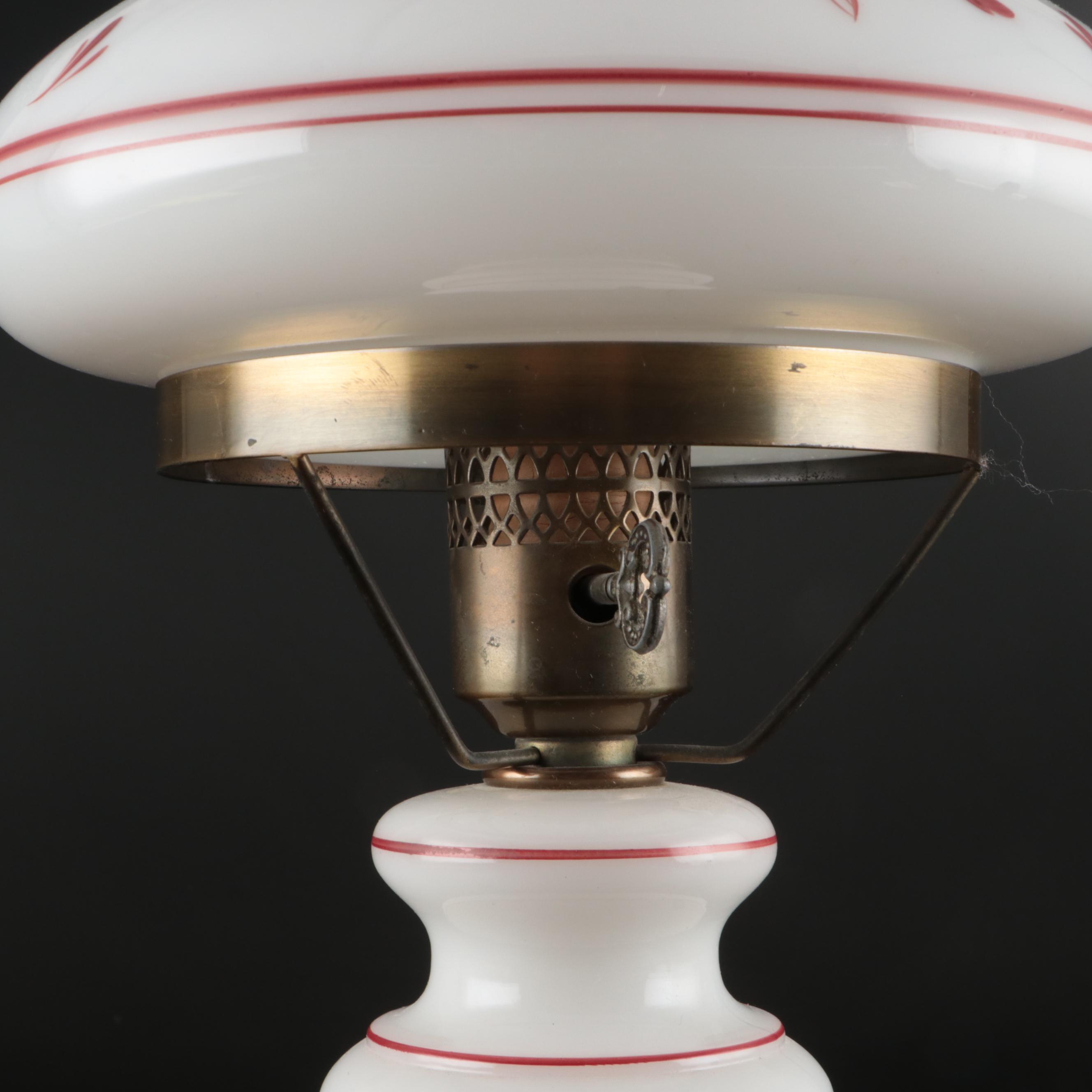 Victorian Style Hand-Painted Milk Glass Boudoir of Parlor Lamp