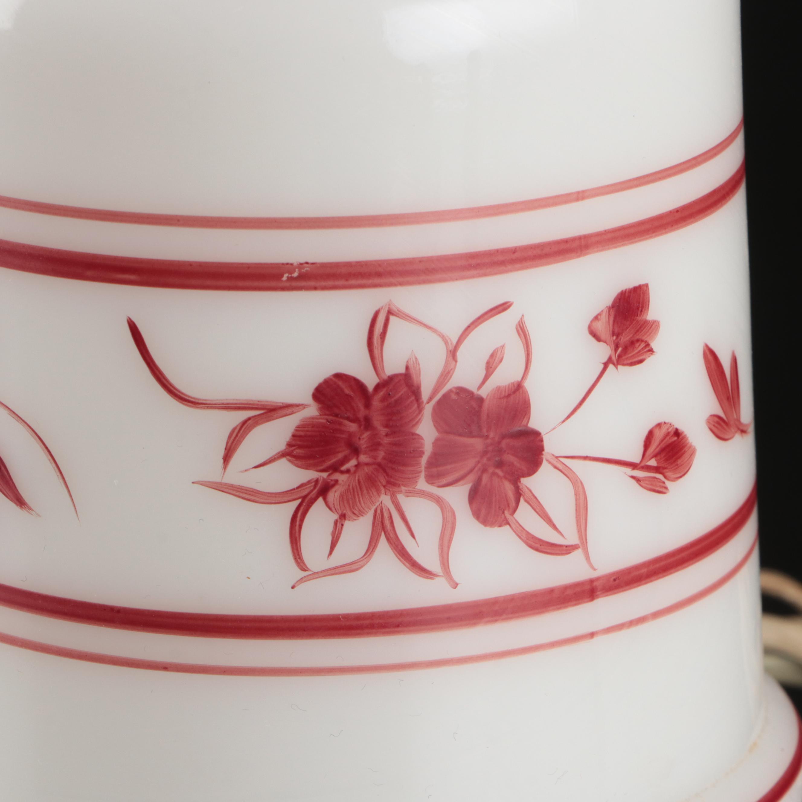 Victorian Style Hand-Painted Milk Glass Boudoir of Parlor Lamp