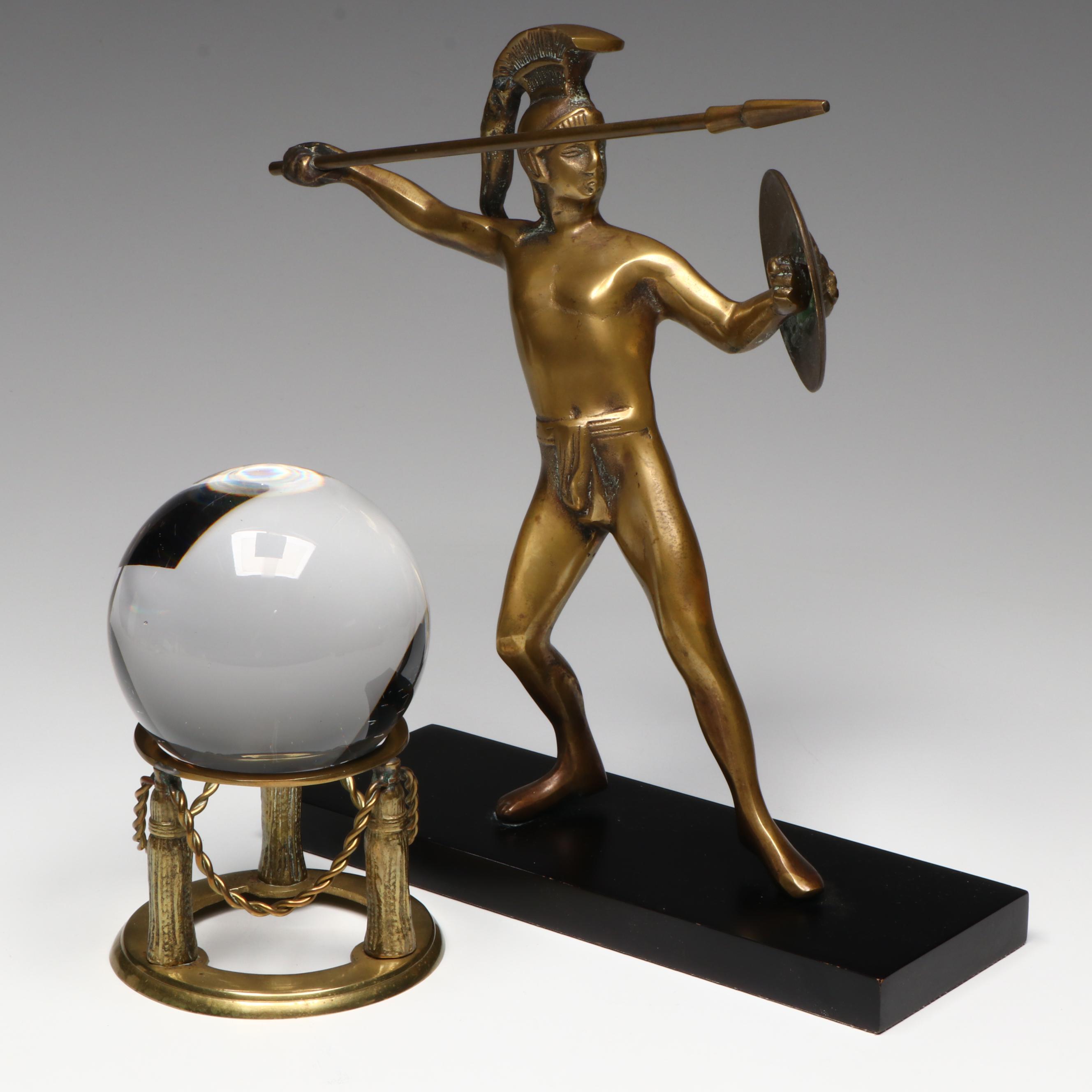 Spartan Warrior Gilt Metal Figurine with Glass Orb in Brass Stand