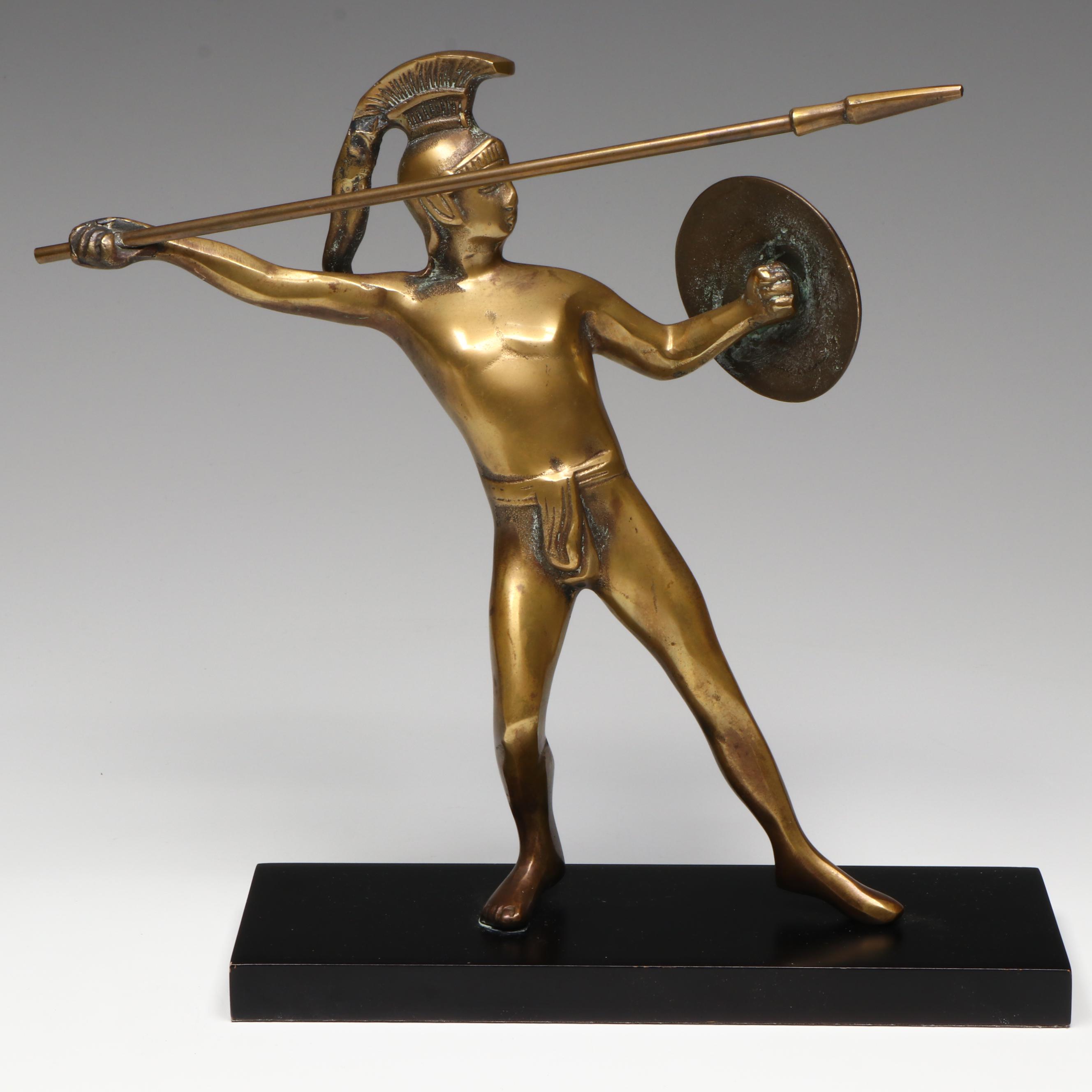 Spartan Warrior Gilt Metal Figurine with Glass Orb in Brass Stand