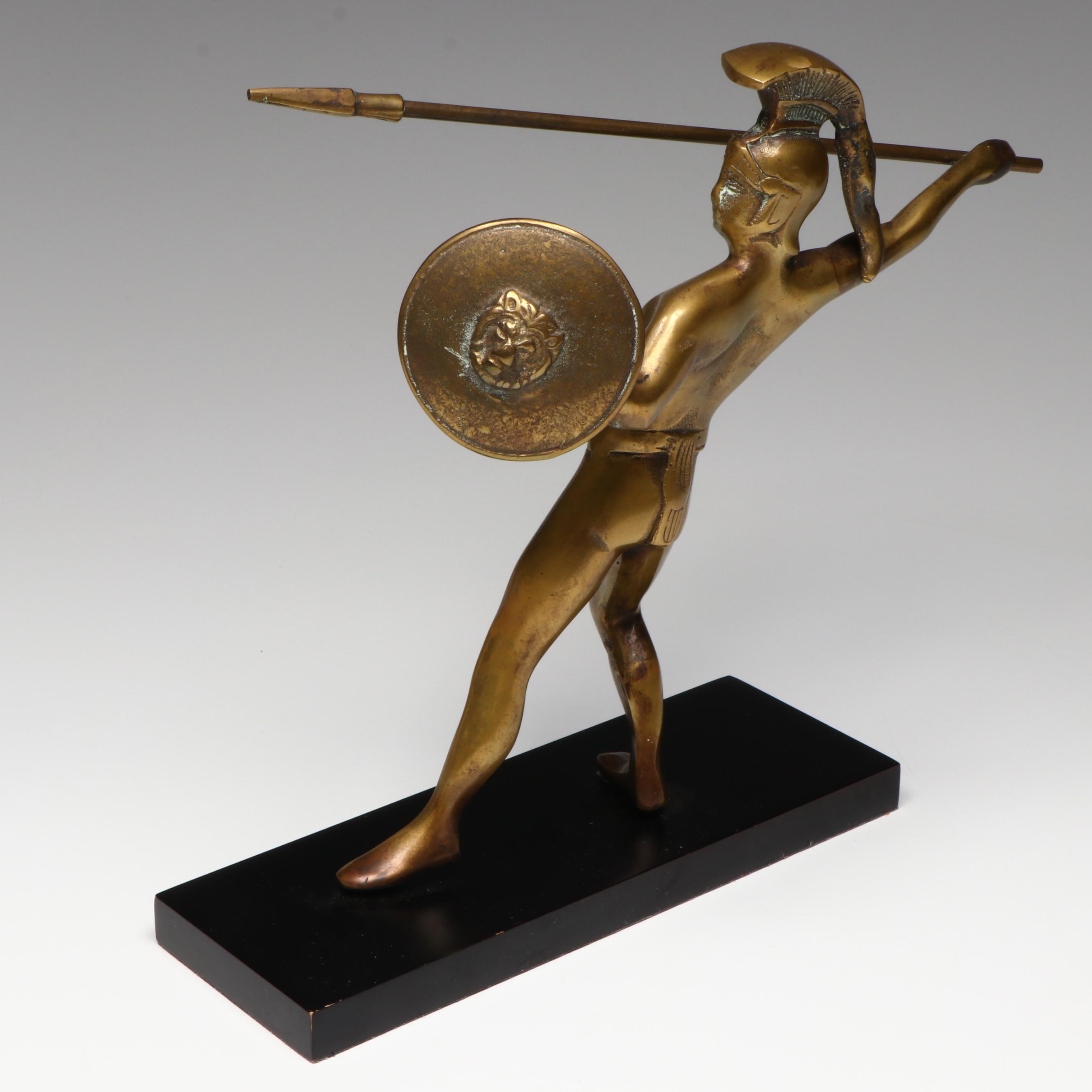 Spartan Warrior Gilt Metal Figurine with Glass Orb in Brass Stand