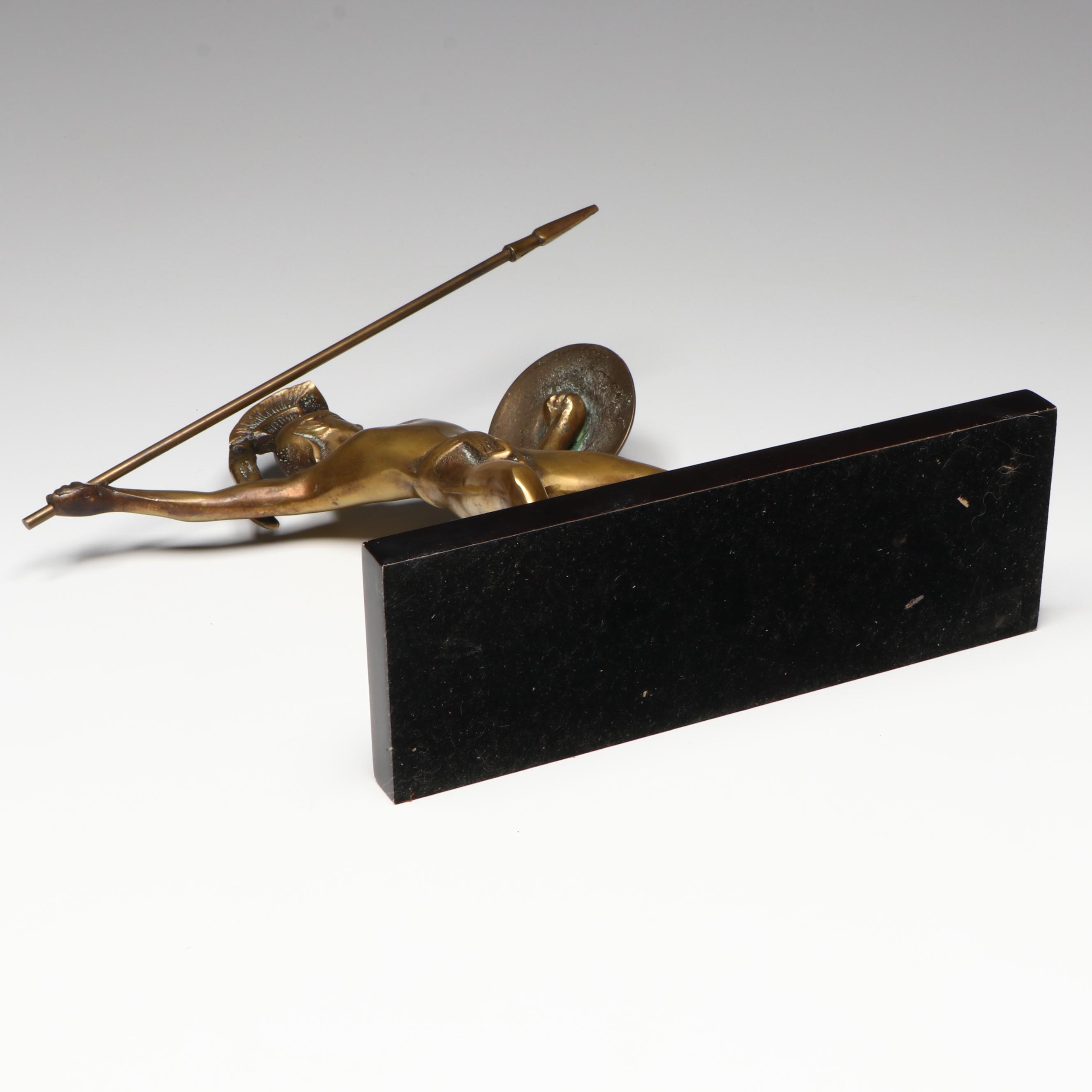 Spartan Warrior Gilt Metal Figurine with Glass Orb in Brass Stand