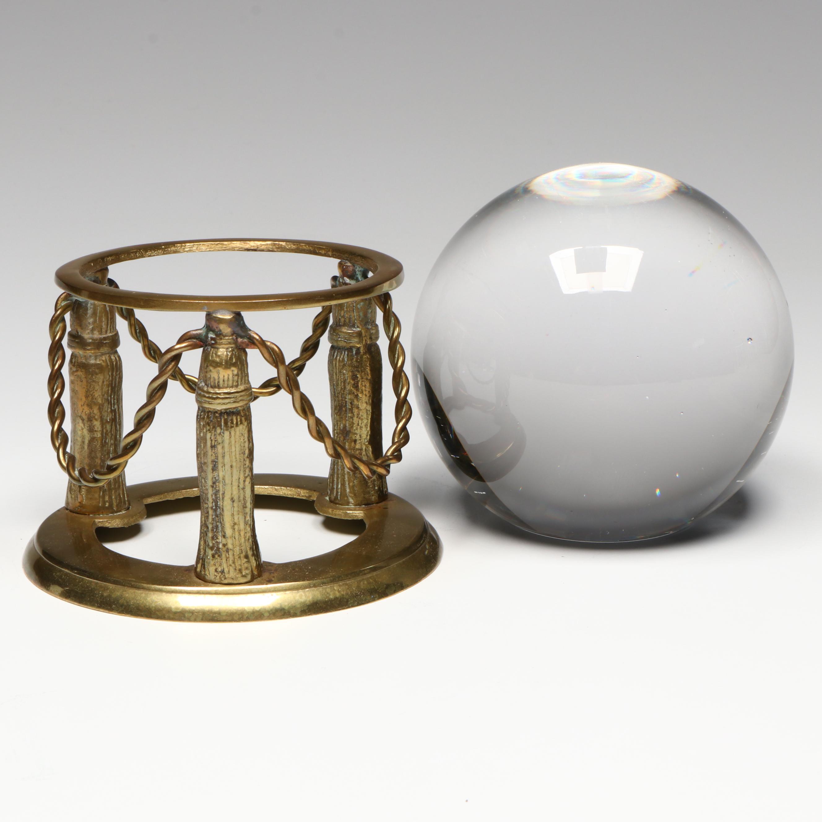 Spartan Warrior Gilt Metal Figurine with Glass Orb in Brass Stand