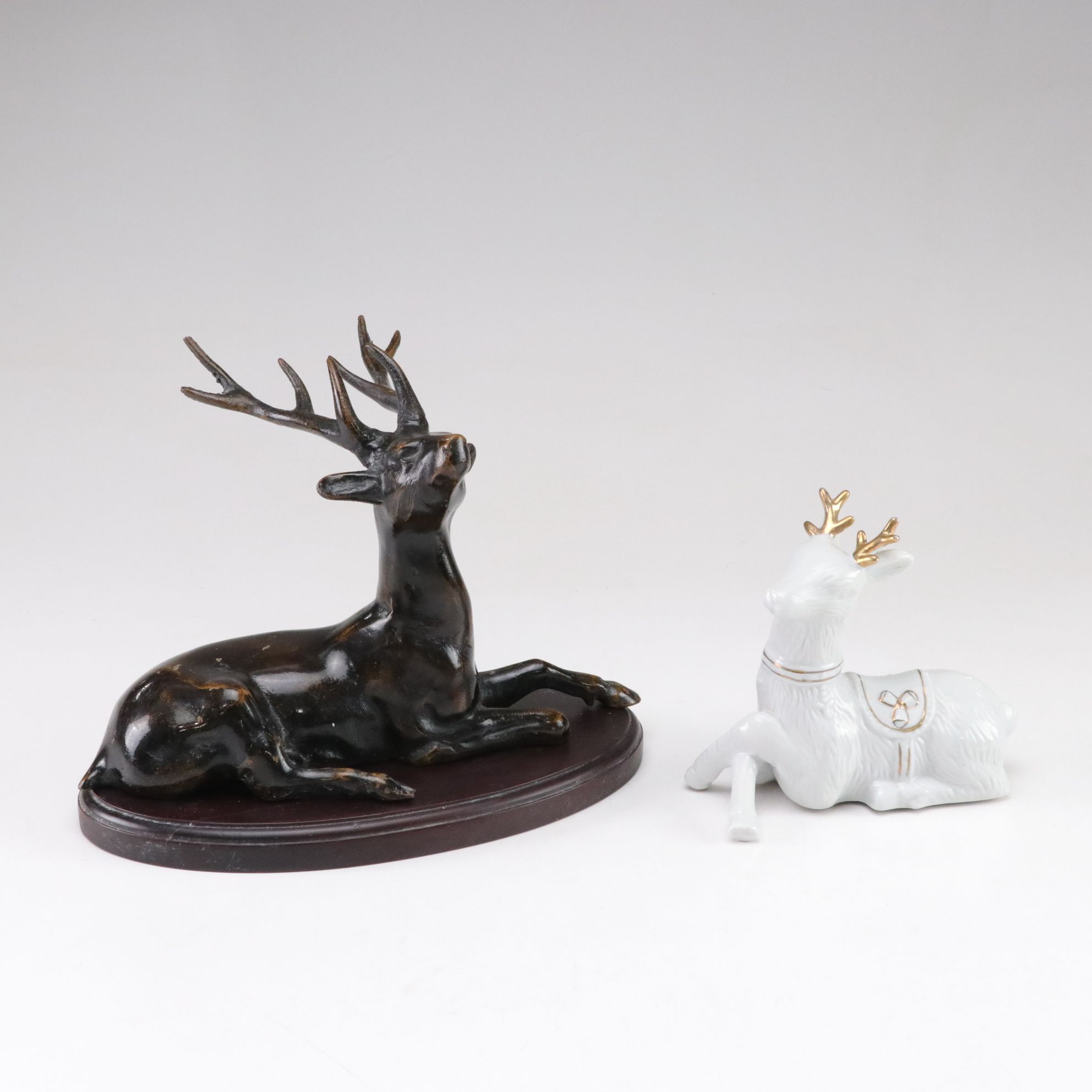 Solid Metal Stag Sculpture & Porcelain Figurine