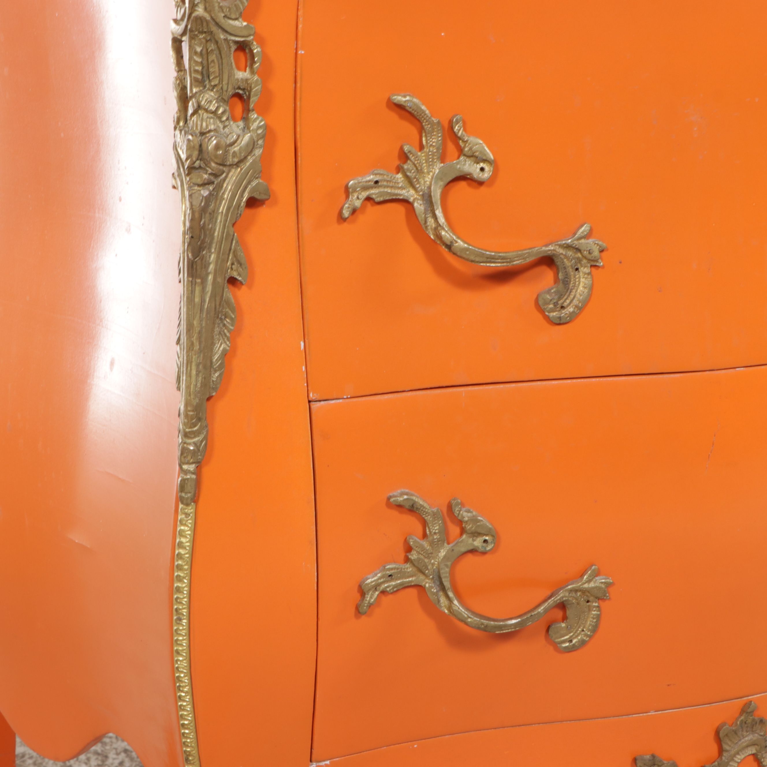 Painted Louis XV Style Bombe Commode with Brass Decorations