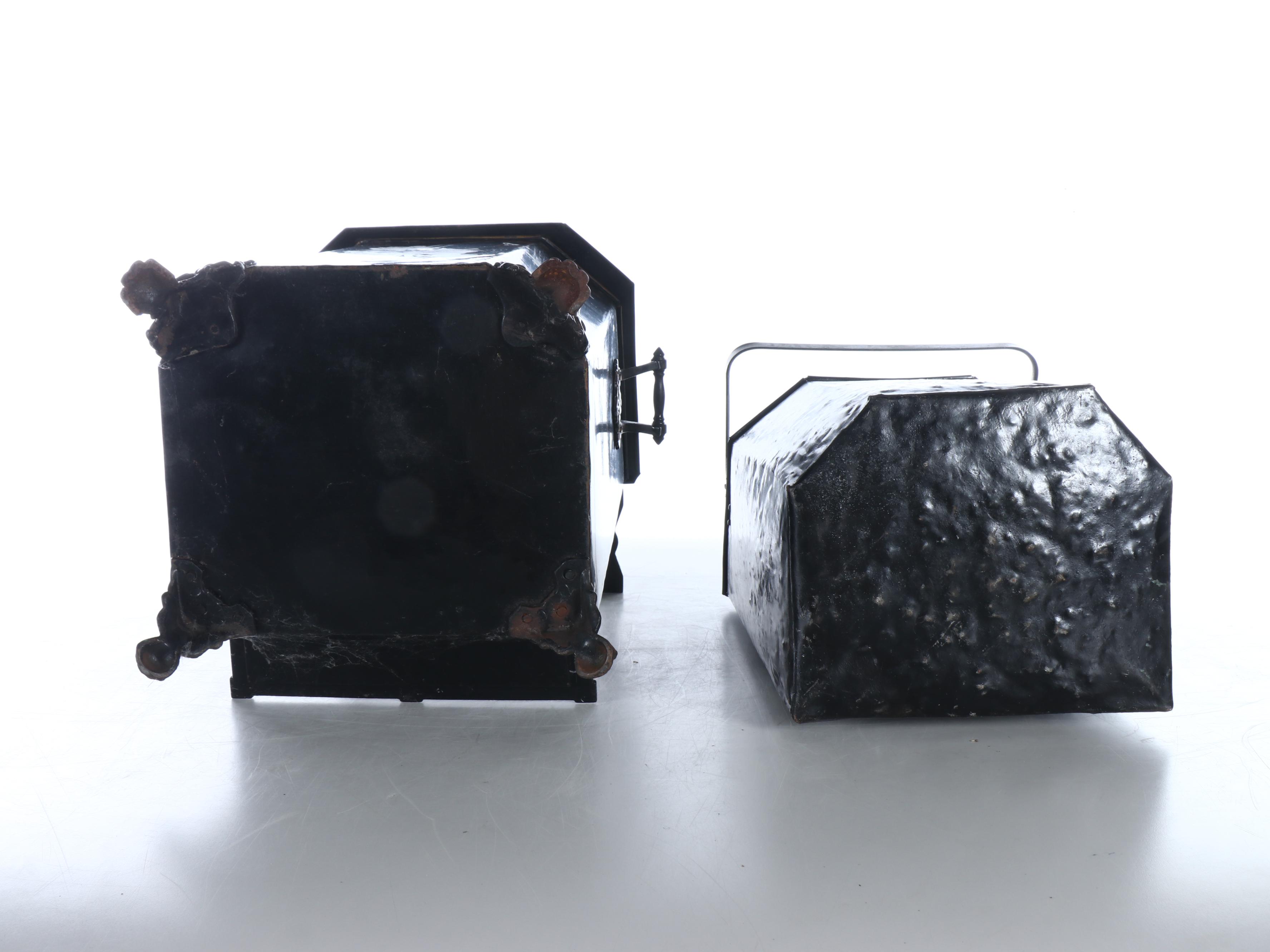 Painted Metal Coal Hod with Fireplace Tool Set, Early to Mid-20th Century