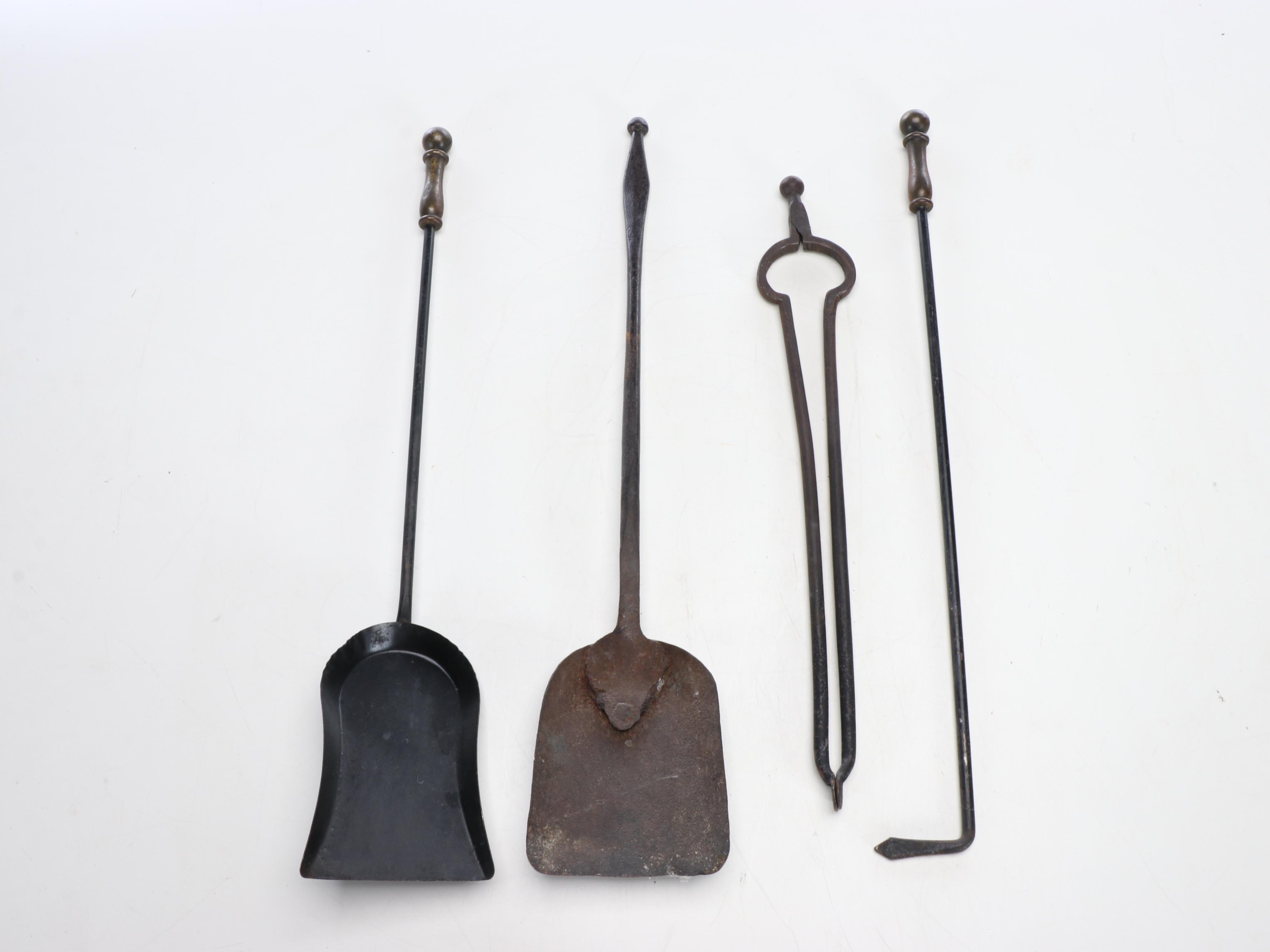 Painted Metal Coal Hod with Fireplace Tool Set, Early to Mid-20th Century