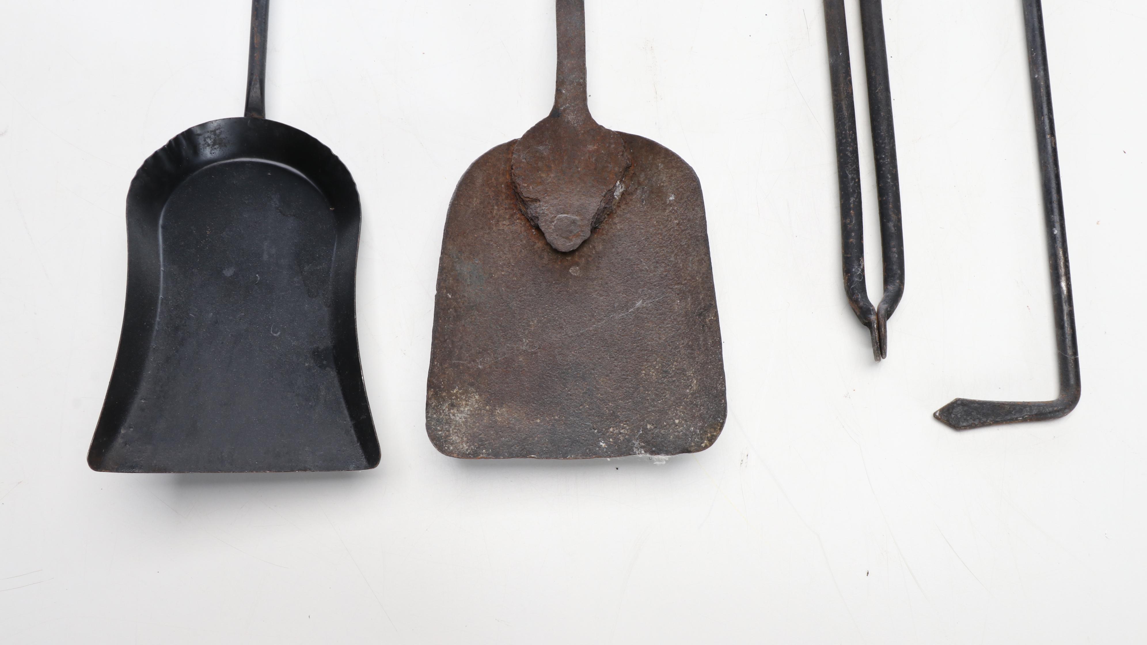 Painted Metal Coal Hod with Fireplace Tool Set, Early to Mid-20th Century