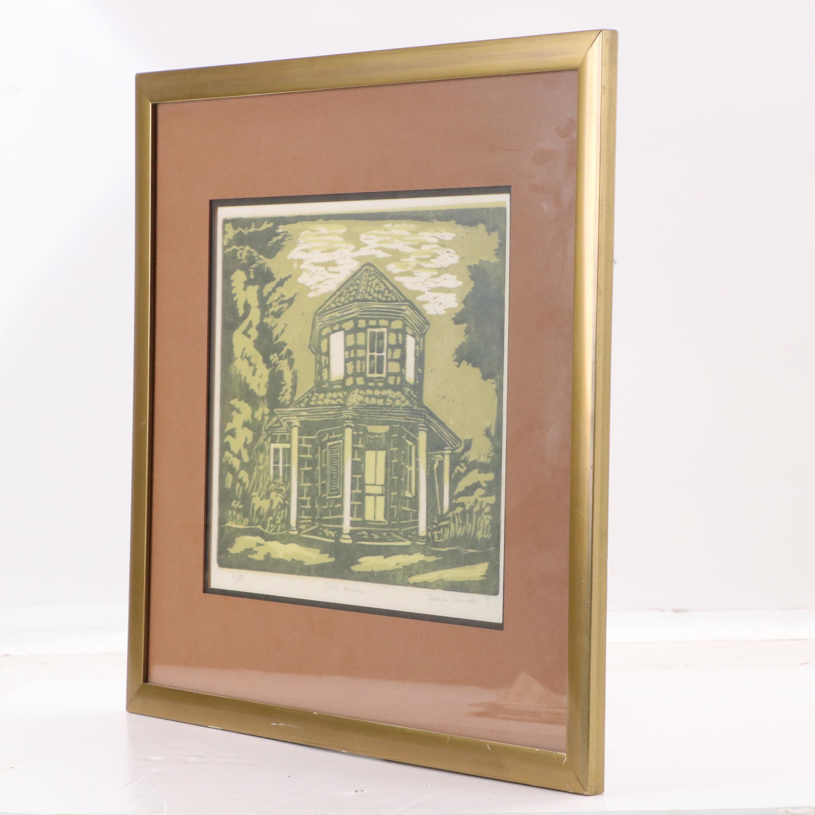 Marge Cramer Linocut "Toll House," Late 20th Century