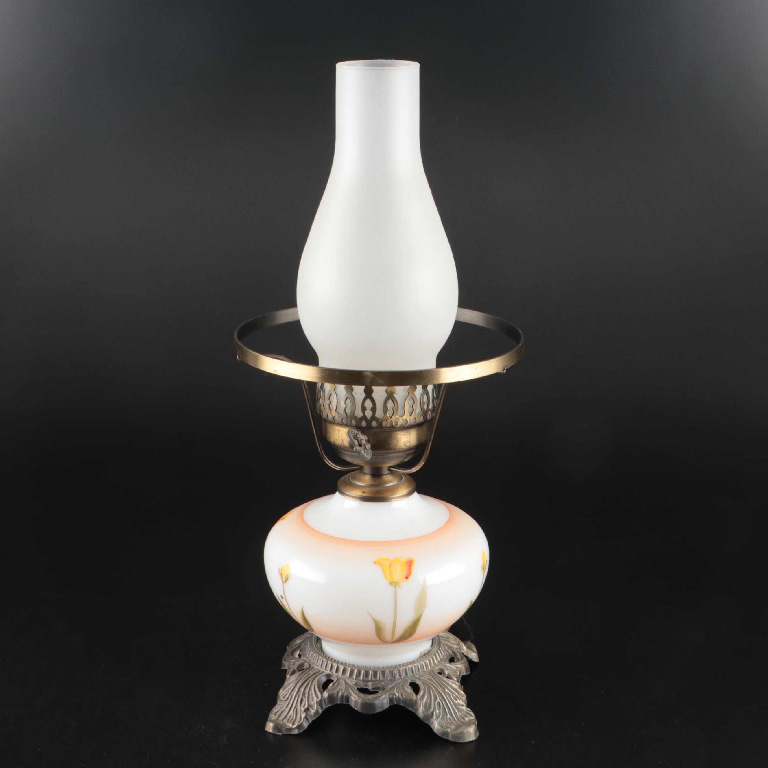 Victorian Style Orange Tulips Hand-Painted Milk Glass Parlor or Boudoir Lamp