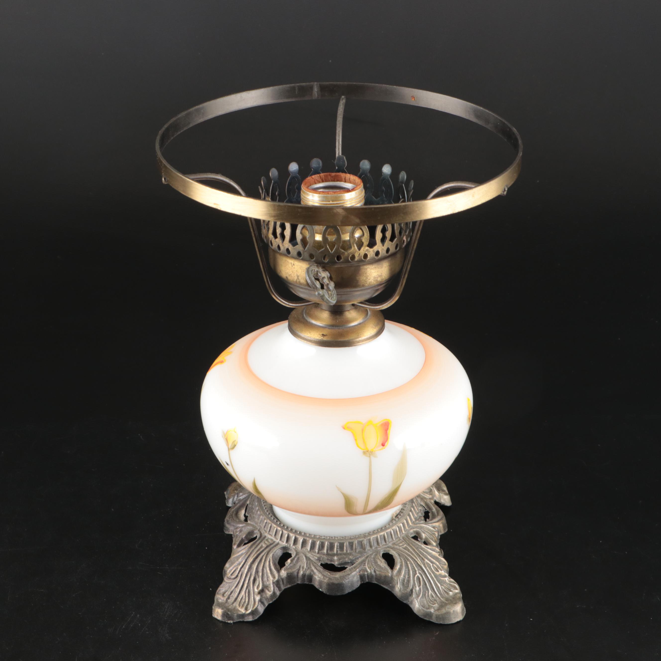 Victorian Style Orange Tulips Hand-Painted Milk Glass Parlor or Boudoir Lamp