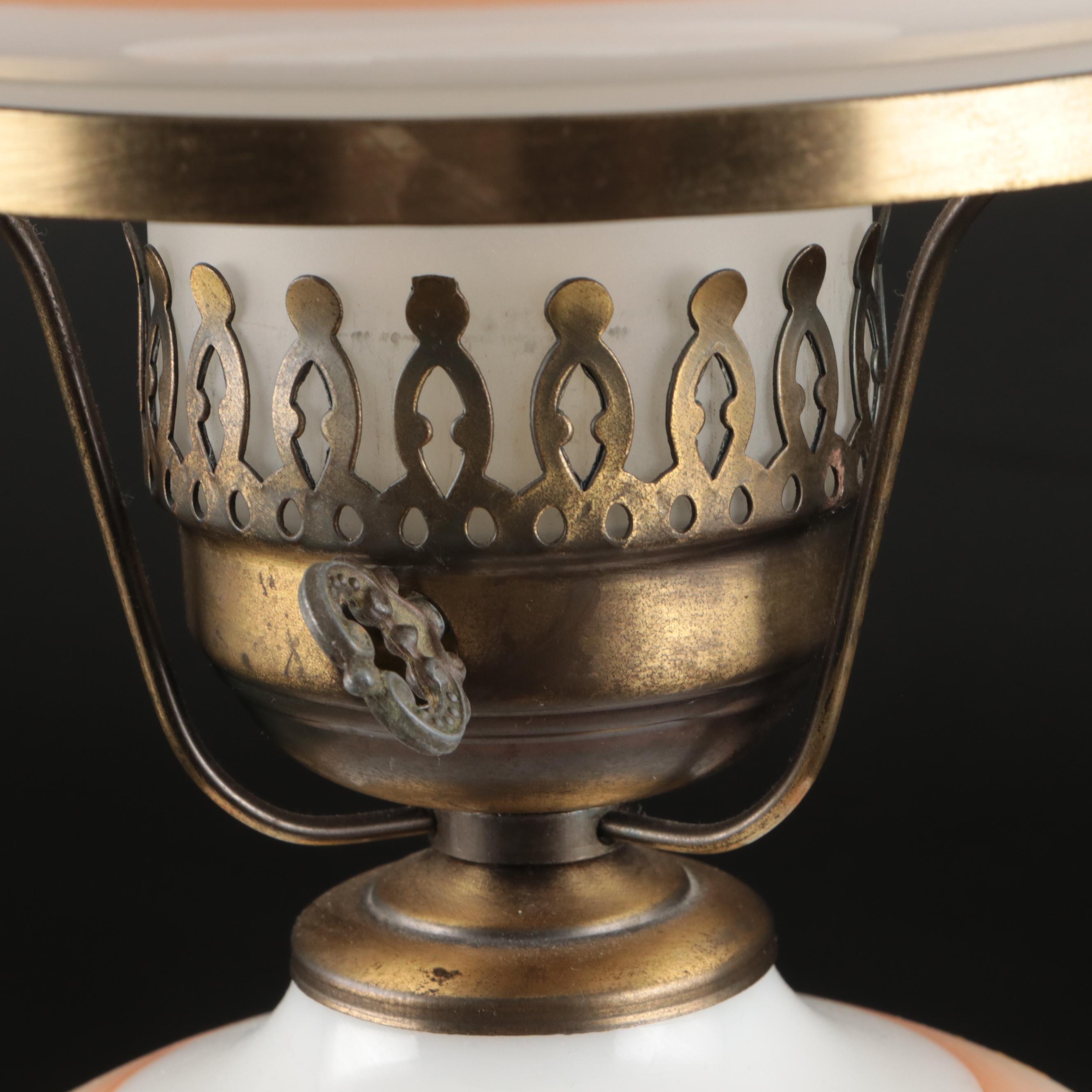 Victorian Style Orange Tulips Hand-Painted Milk Glass Parlor or Boudoir Lamp