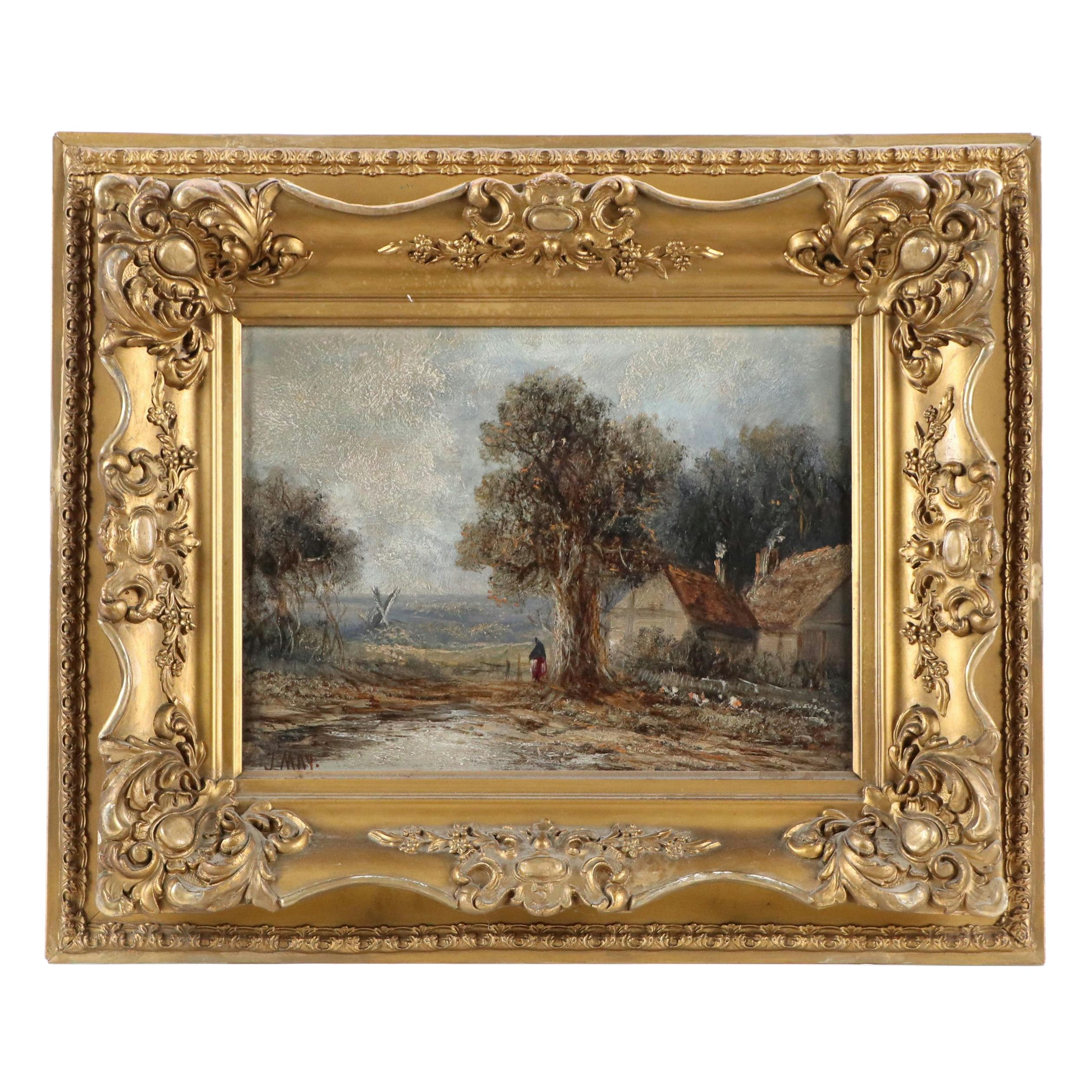 J. May Landscape Oil Painting with Waterfront Cottage, Late 19th - Early 20th C.