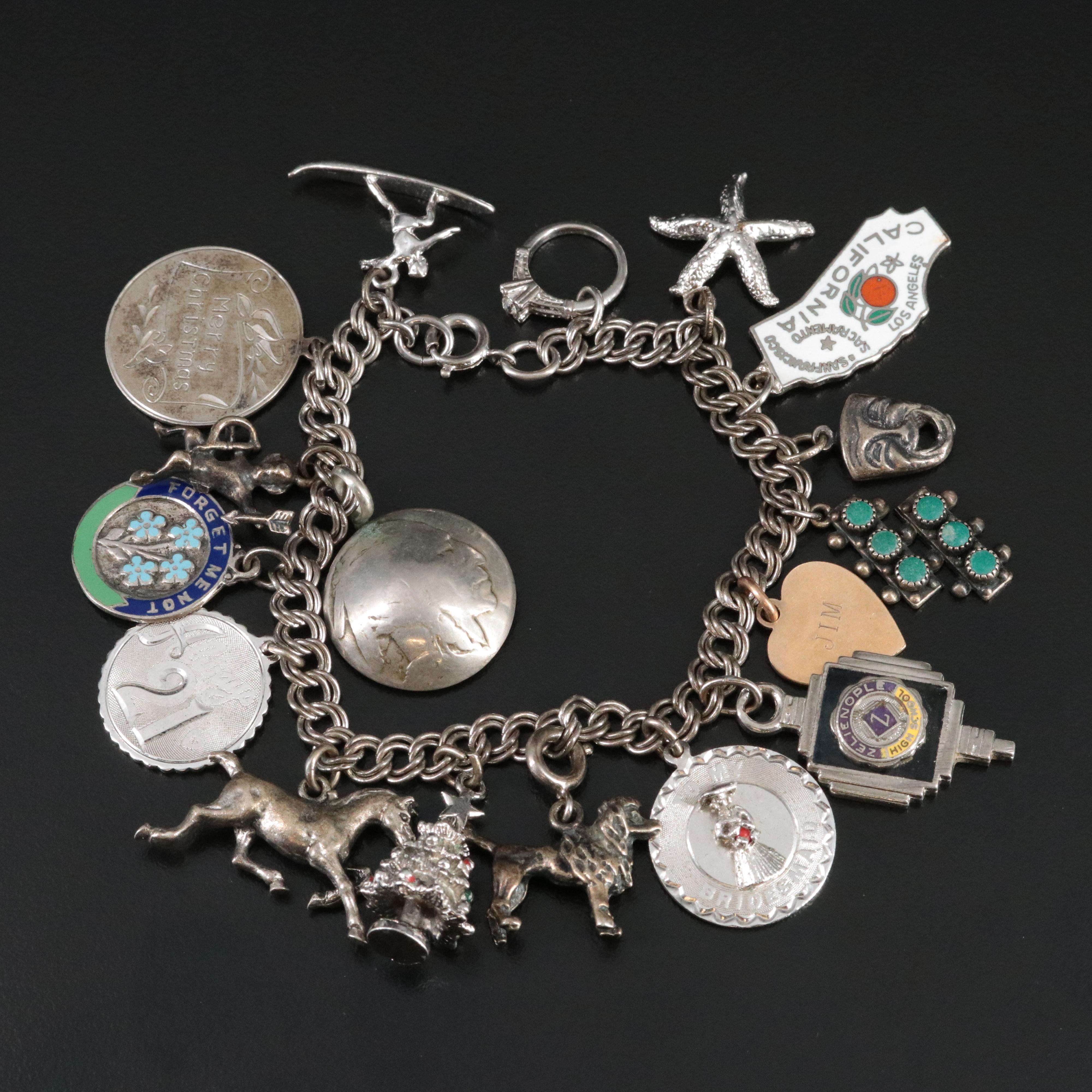 Vintage Sterling Charm Bracelet with Enamel and Turquoise Charms