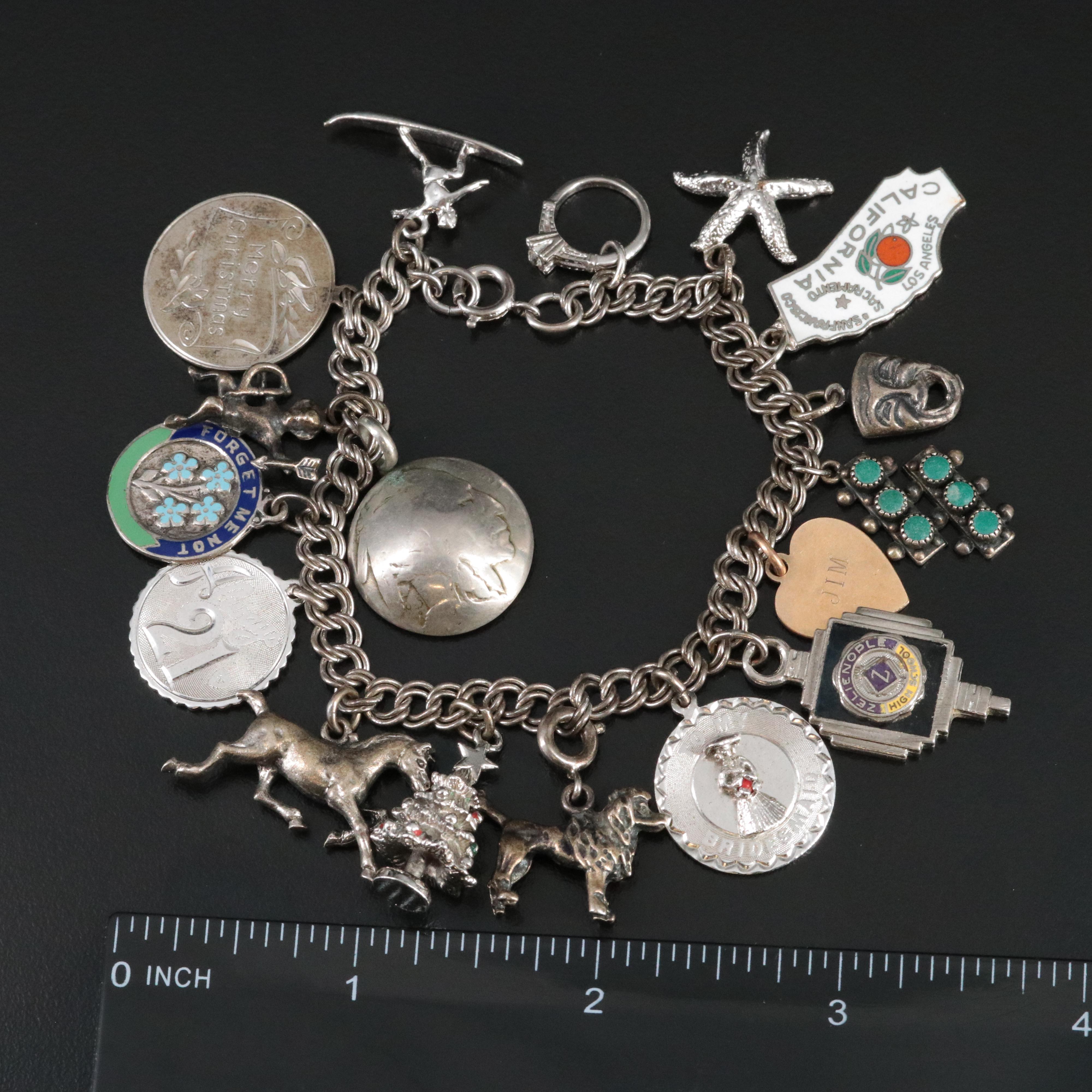 Vintage Sterling Charm Bracelet with Enamel and Turquoise Charms