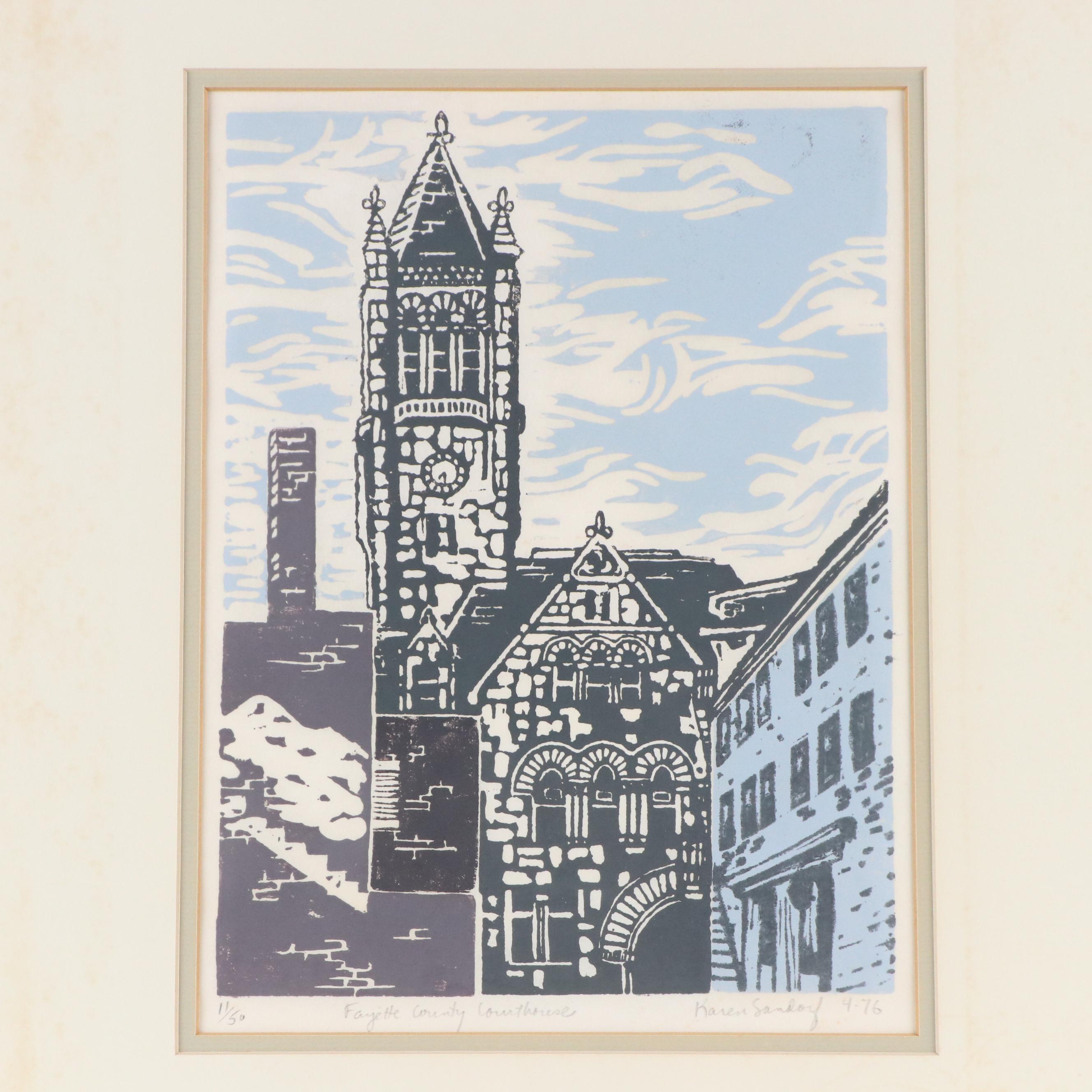 Karen Sandoy Linocut "Fayette County Courthouse," 1976