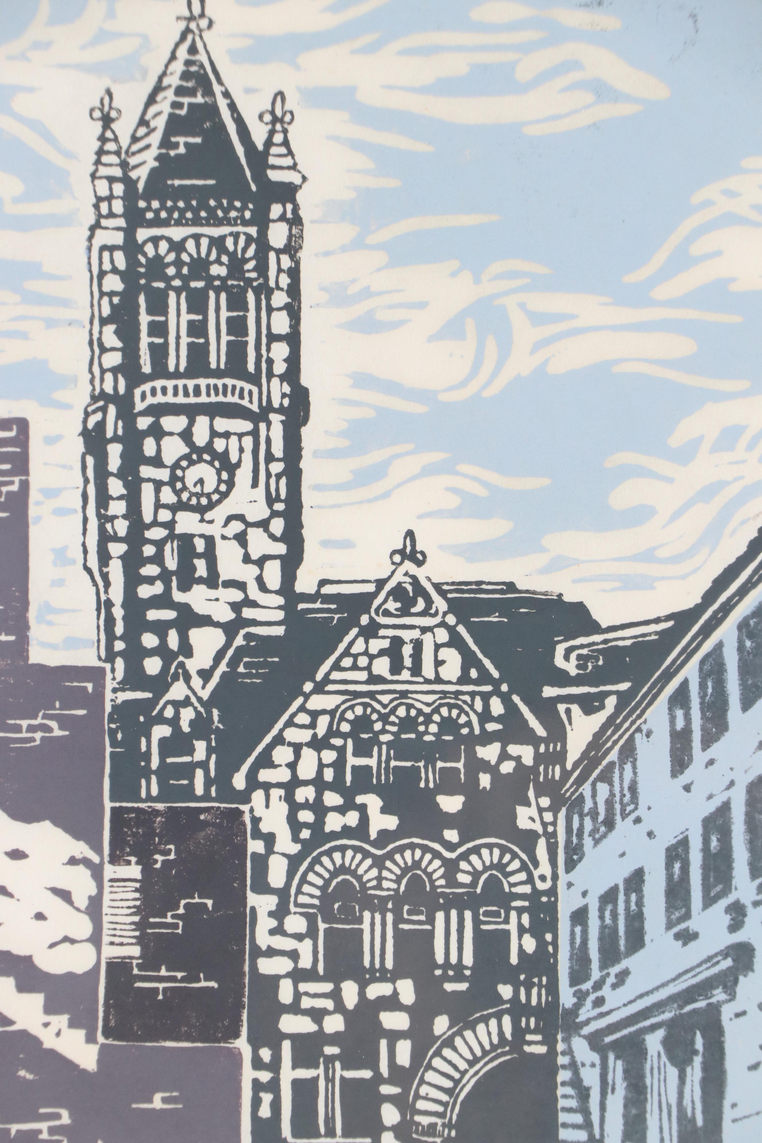 Karen Sandoy Linocut "Fayette County Courthouse," 1976