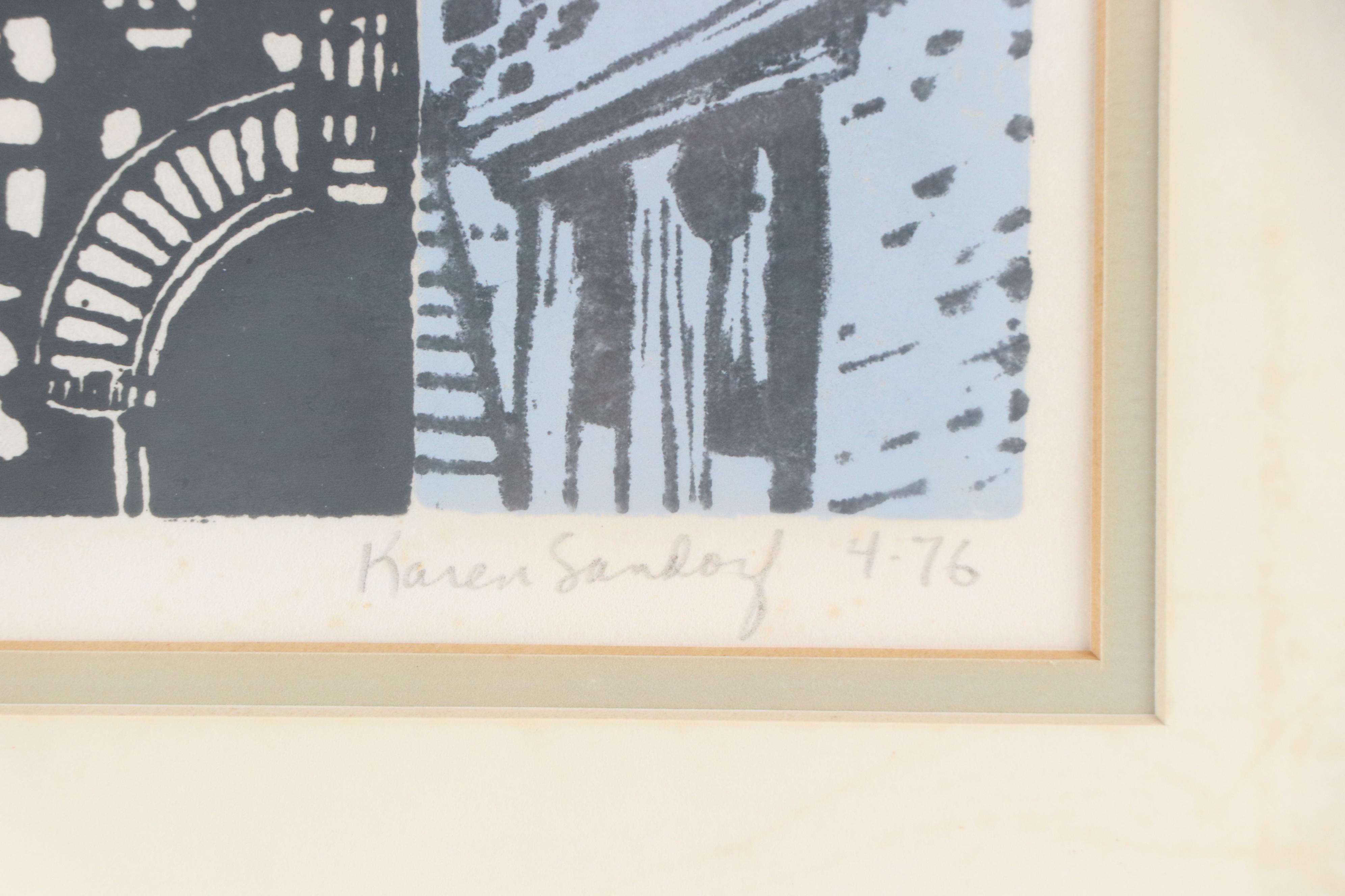 Karen Sandoy Linocut "Fayette County Courthouse," 1976