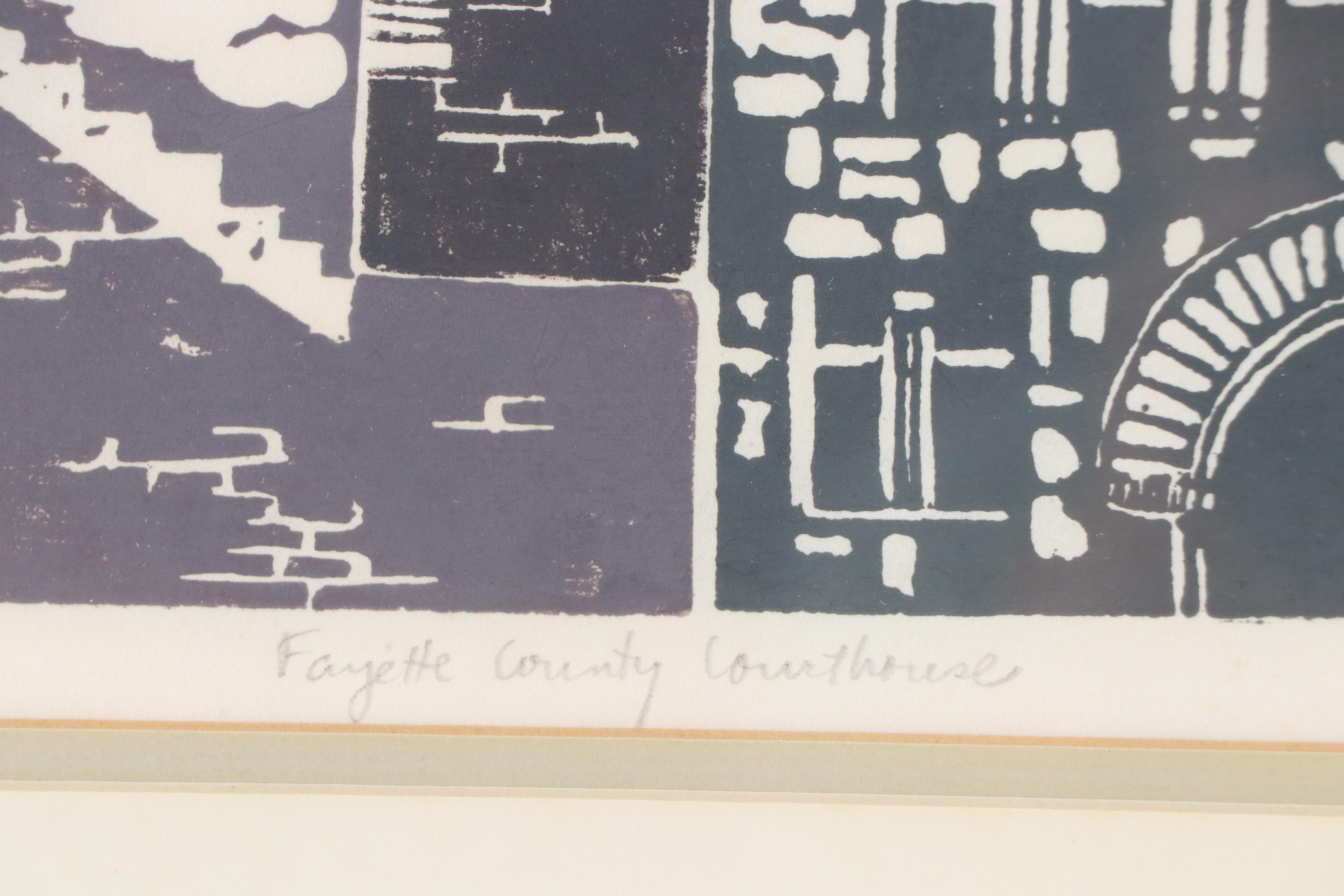 Karen Sandoy Linocut "Fayette County Courthouse," 1976