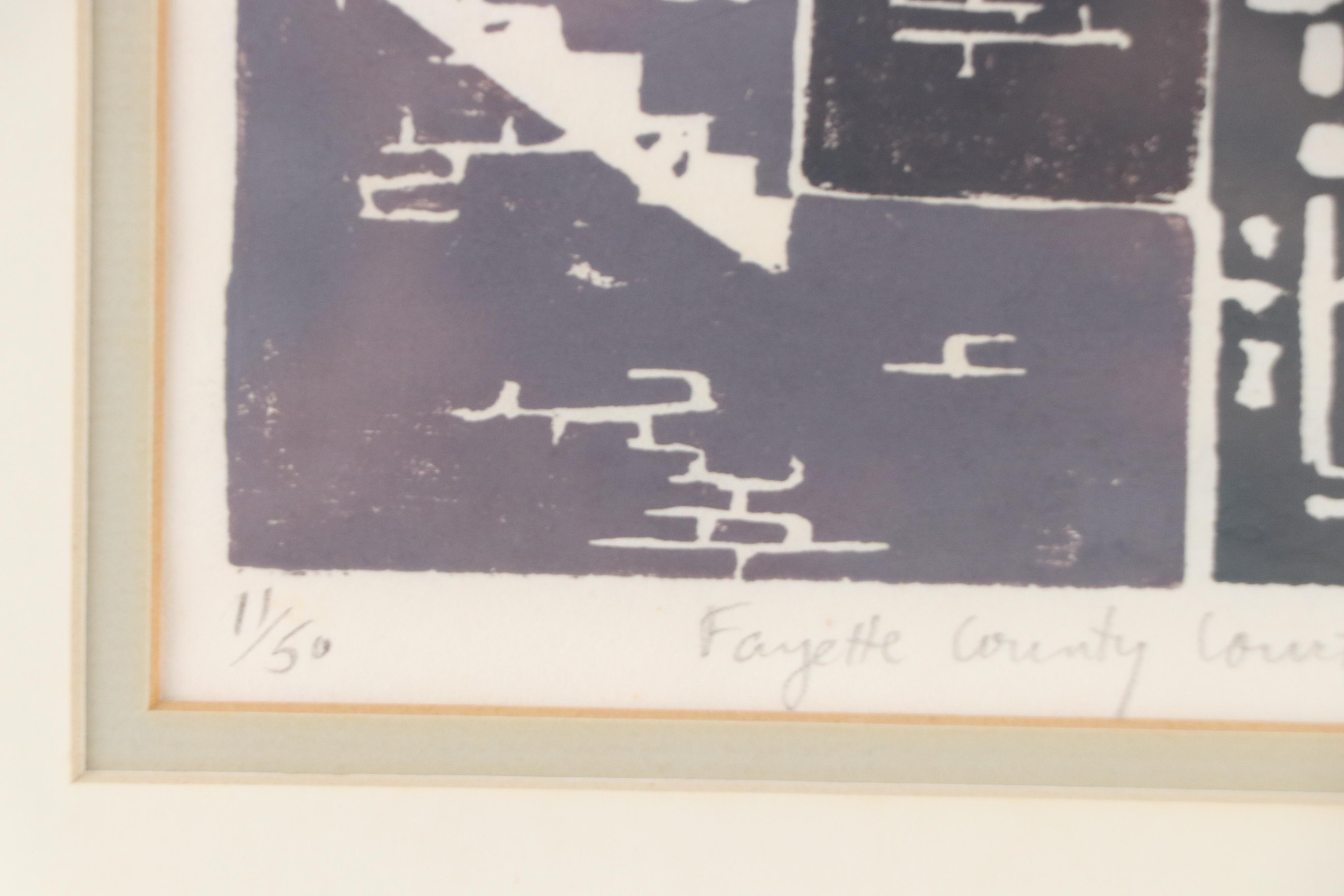 Karen Sandoy Linocut "Fayette County Courthouse," 1976