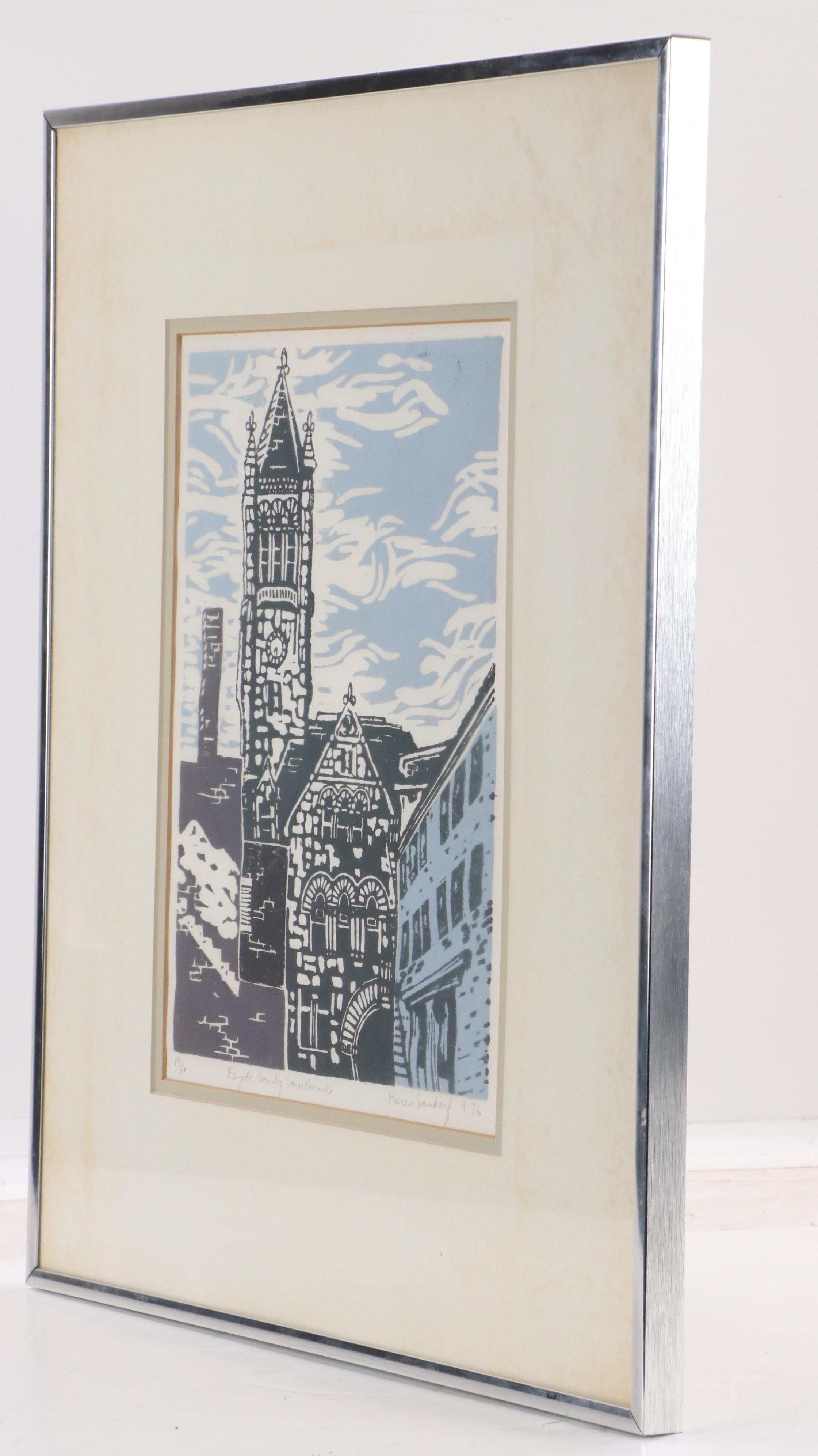 Karen Sandoy Linocut "Fayette County Courthouse," 1976